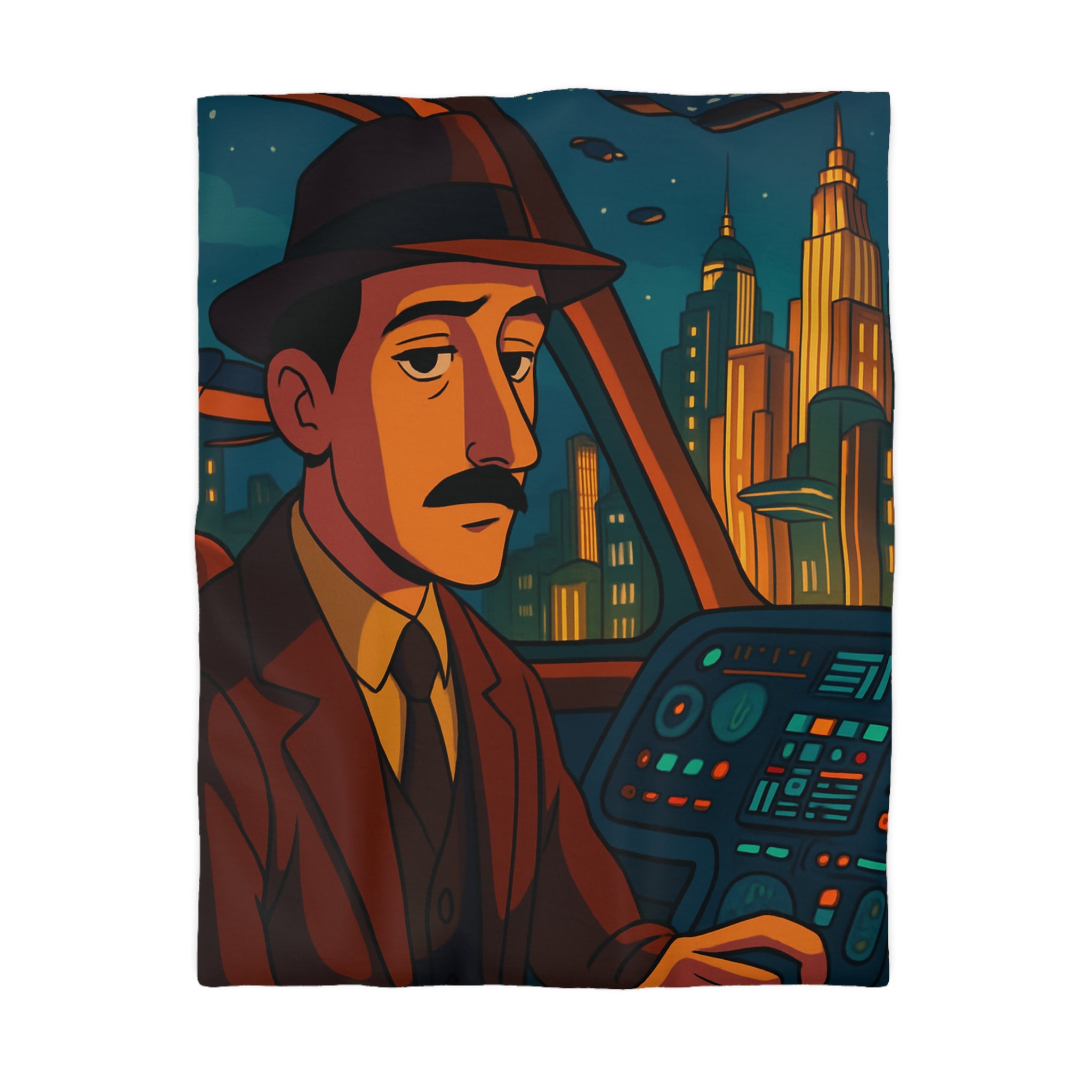 Housse de couette rétro-futuriste avec illustration de ville et pilote dans vaisseau