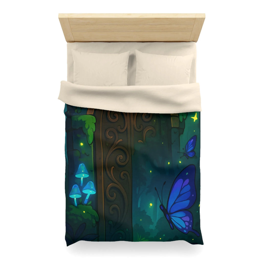 Housse de couette magique bleu papillons et porte en bois mystérieuse forêt enchantée