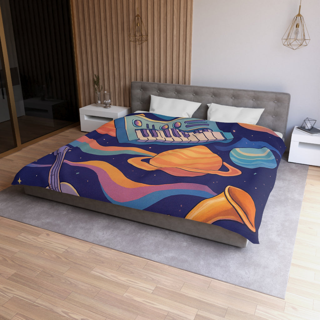 Housse de couette musicale colorée avec espace et instruments dans un univers imaginaire