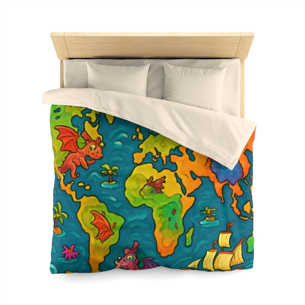 Housse de couette carte monde fantastique avec dragons et bateaux pour enfant