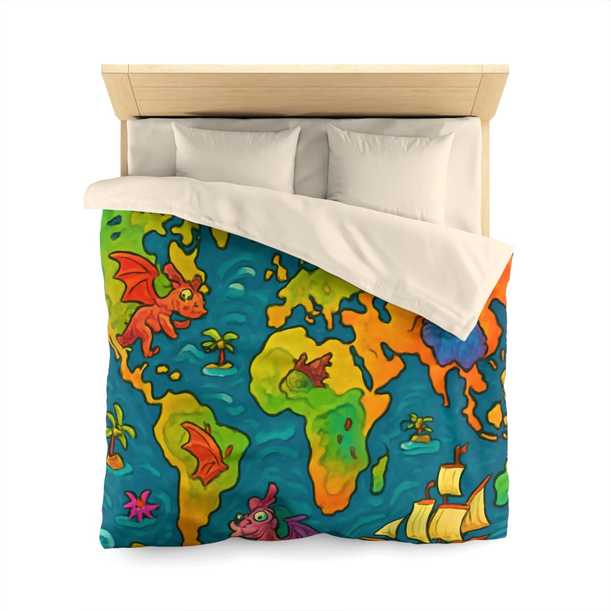 Housse de couette carte monde fantastique avec dragons et bateaux pour enfant