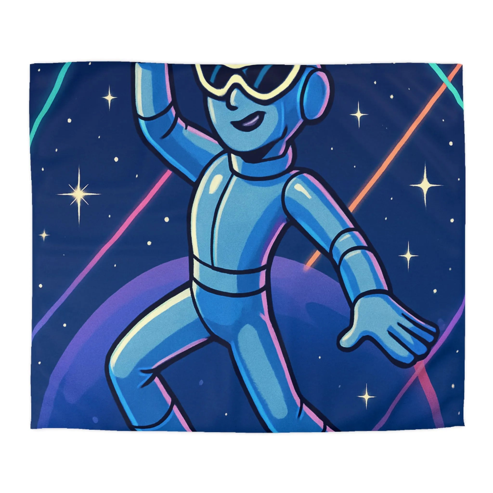 Housse de Couette Éclatante avec Robot dansant sur Fond Intergalactique Étoilé et Coloré