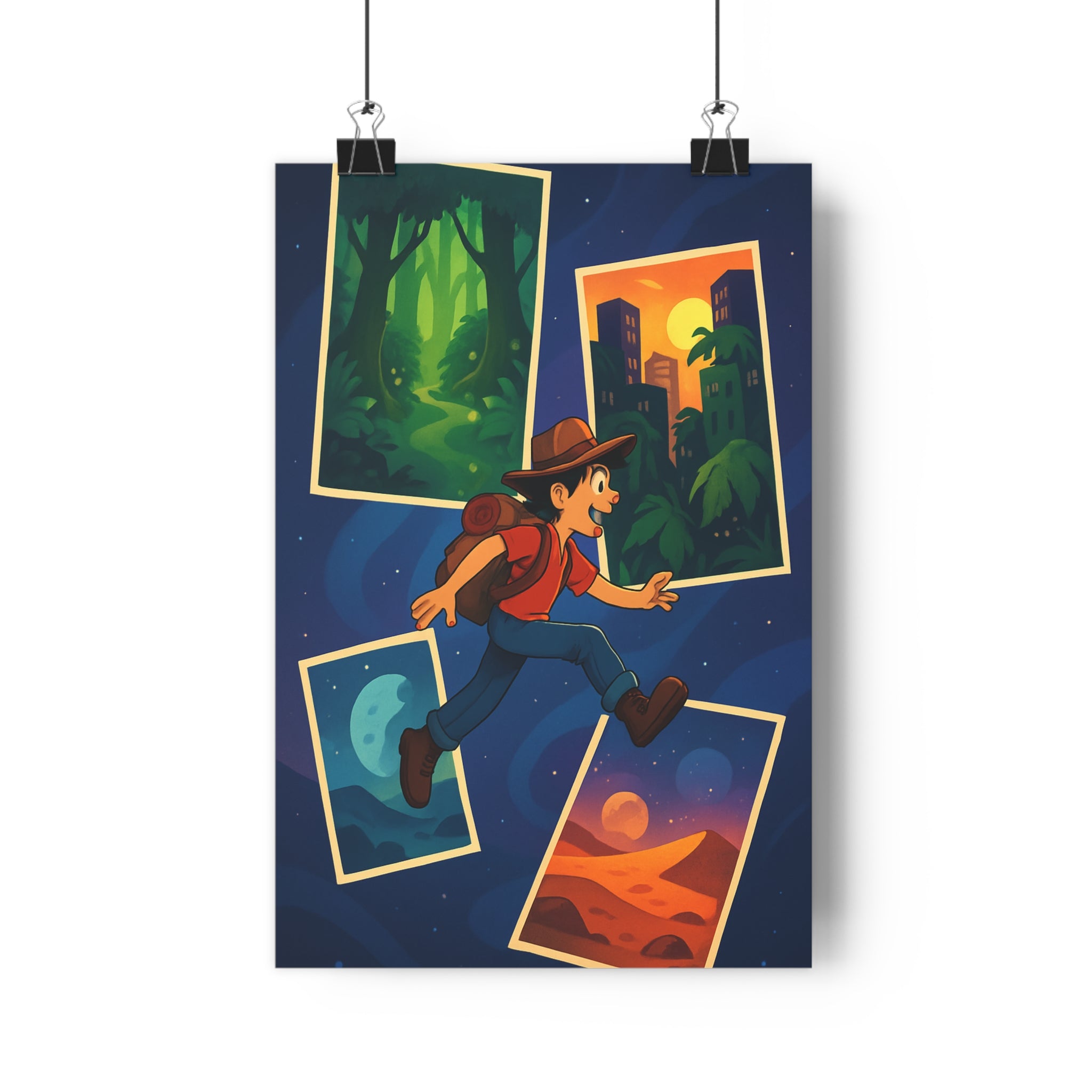 Poster décoratif aventure dessin animé coloré forêt ville lune désert chambre enfant ambiance qualité