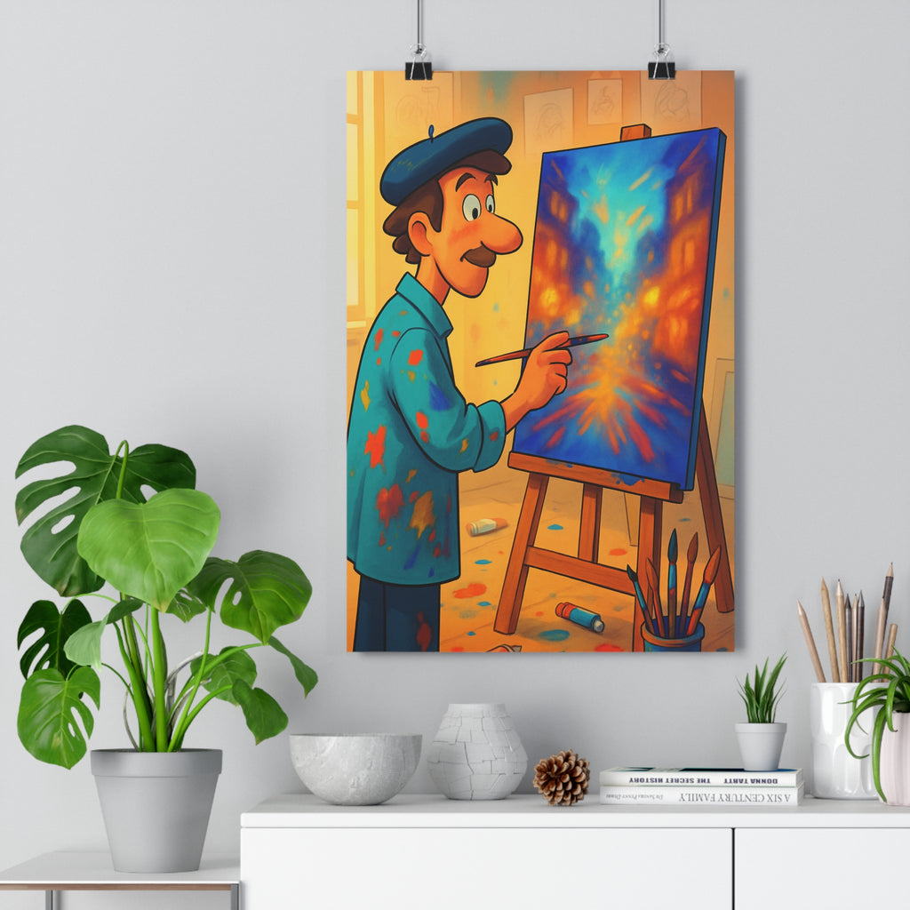 Poster décoratif cartoon artiste peintre bleu orange jaune salon chambre créatif vibrant unique tableau