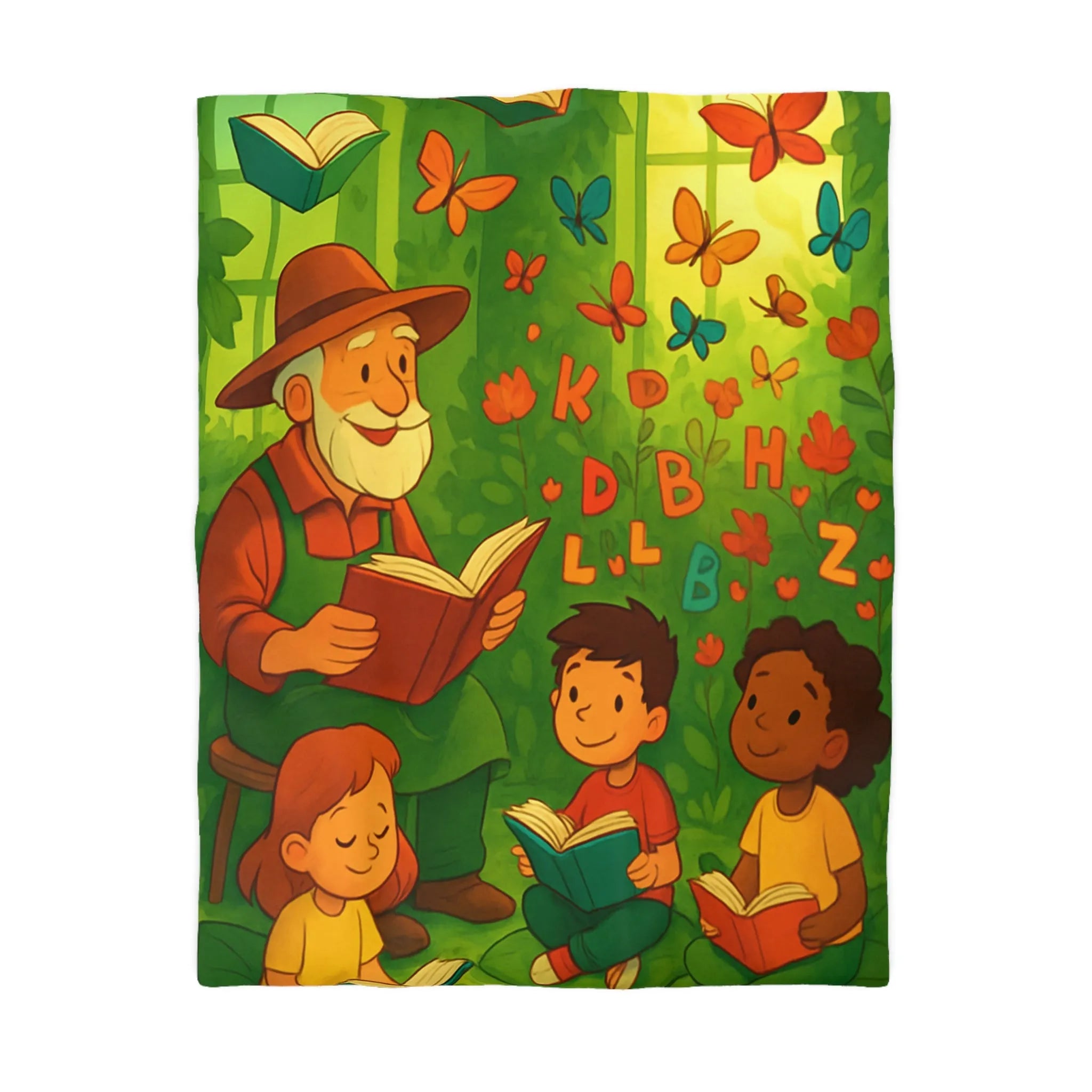 Housse de couette éducative avec scène de lecture, papillons et nature verdoyante