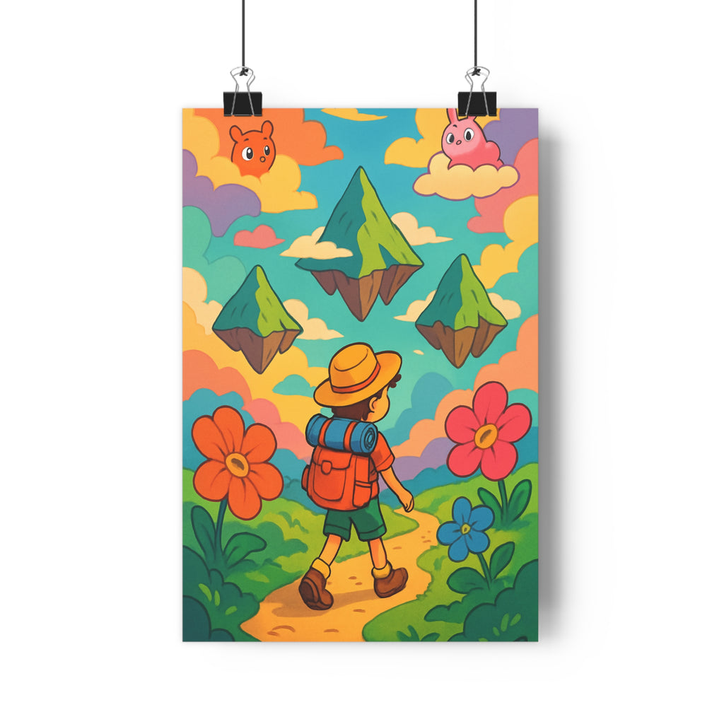 Poster décoratif enfant aventure fantastique coloré bleu vert rose chambre joyeuse dessin moderne explorateur