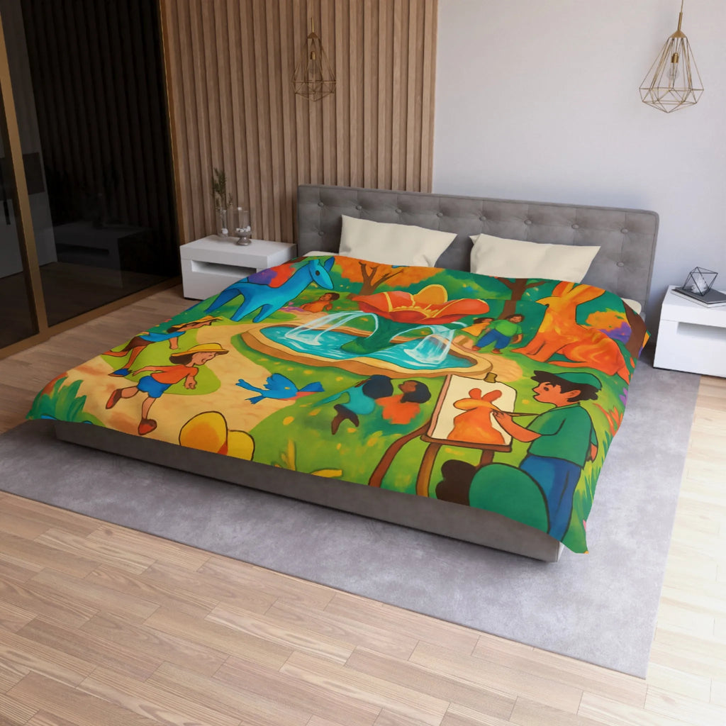 Housse de couette colorée avec animaux fantastiques, enfants et fontaine au parc artistique