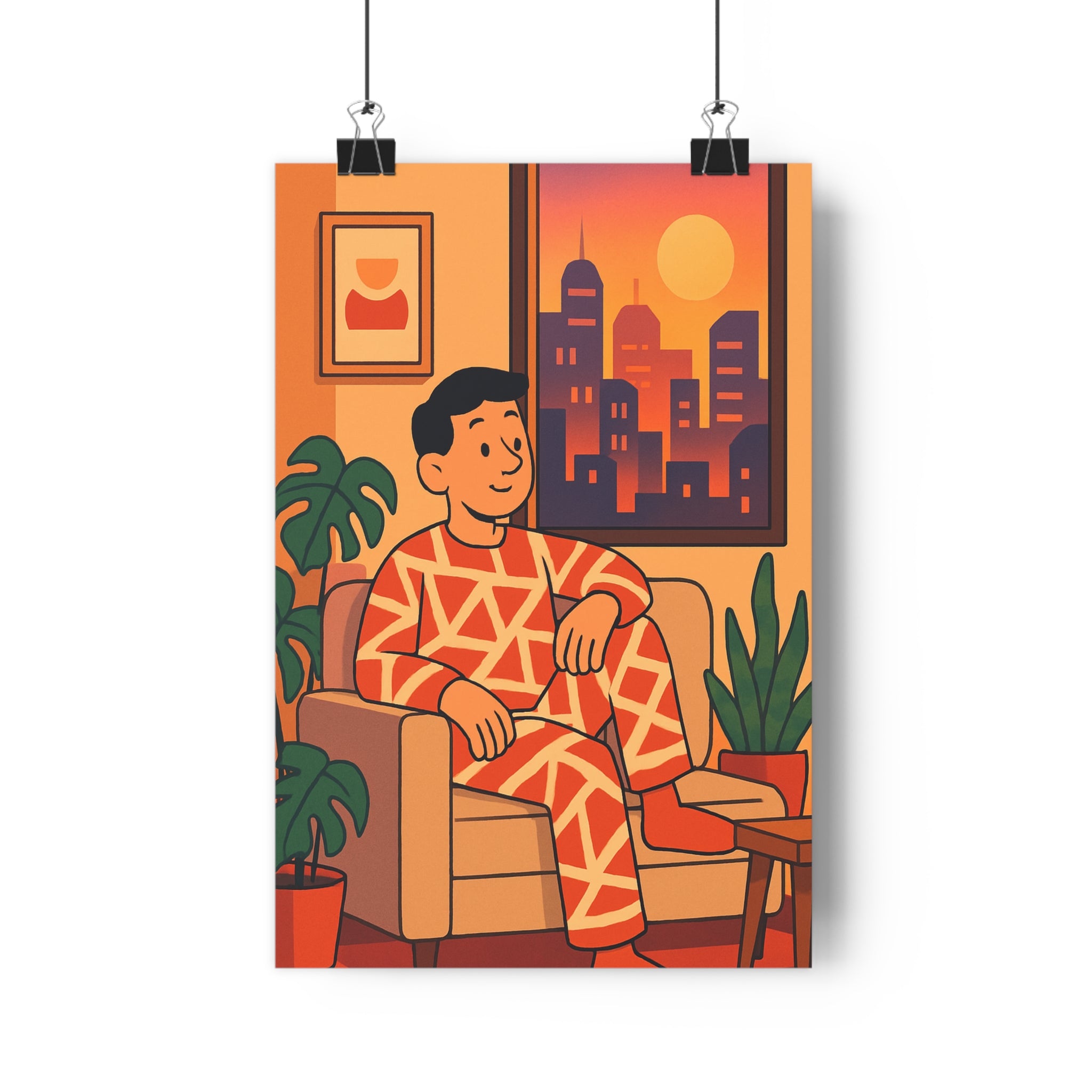 Poster décoratif moderne cartoon orange géométrique urbain salon chambre fenêtre coucher soleil fauteuil relaxant