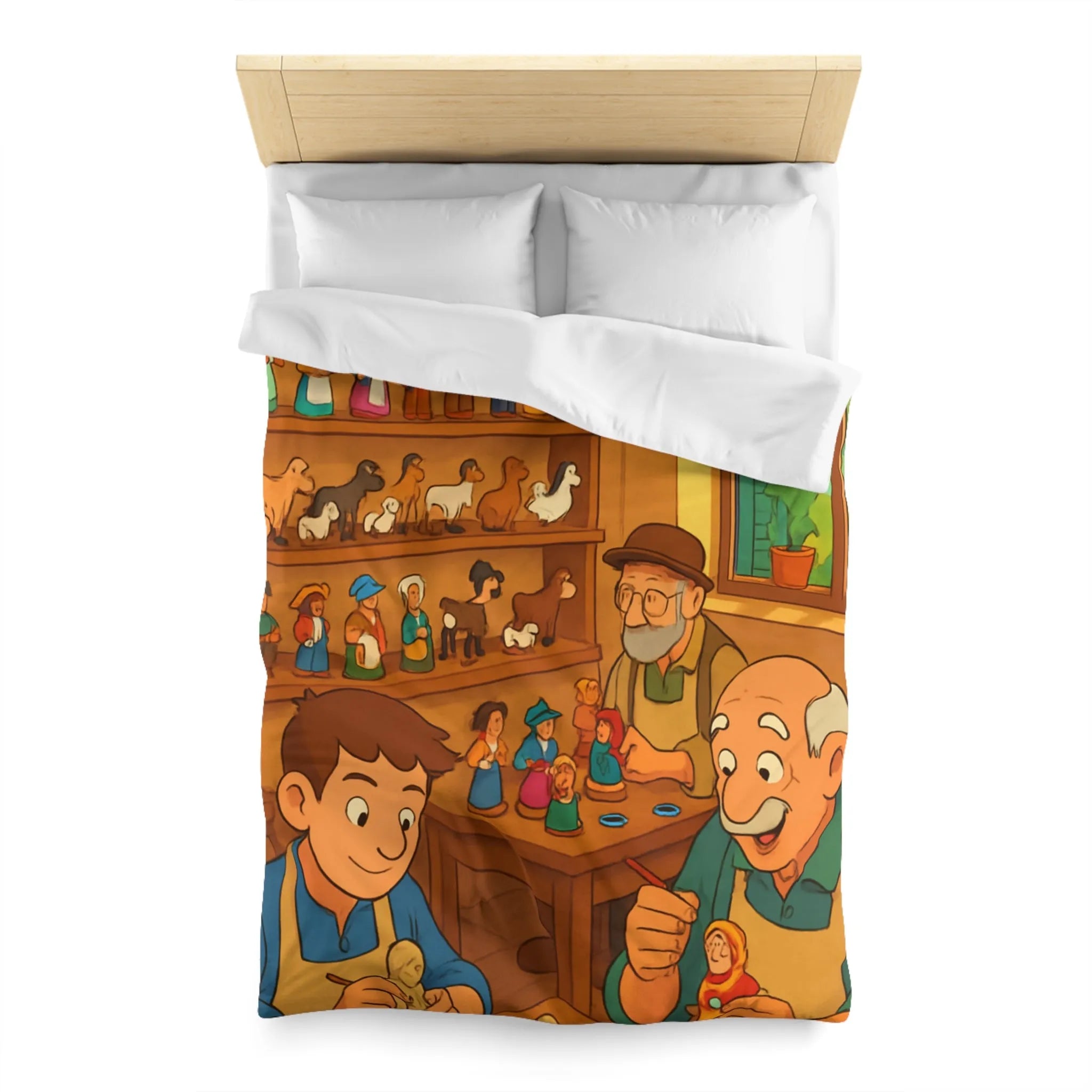 Housse de couette chaleureuse avec scène artisanale, figurines en bois colorées et personnages souriants