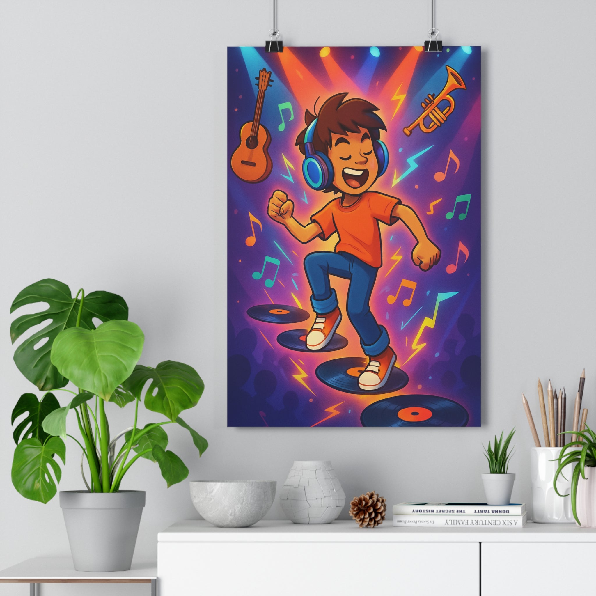 Poster décoratif animé vibrant couleurs vives guitare trompette danse joyeux chambre salon 30x46 cm
