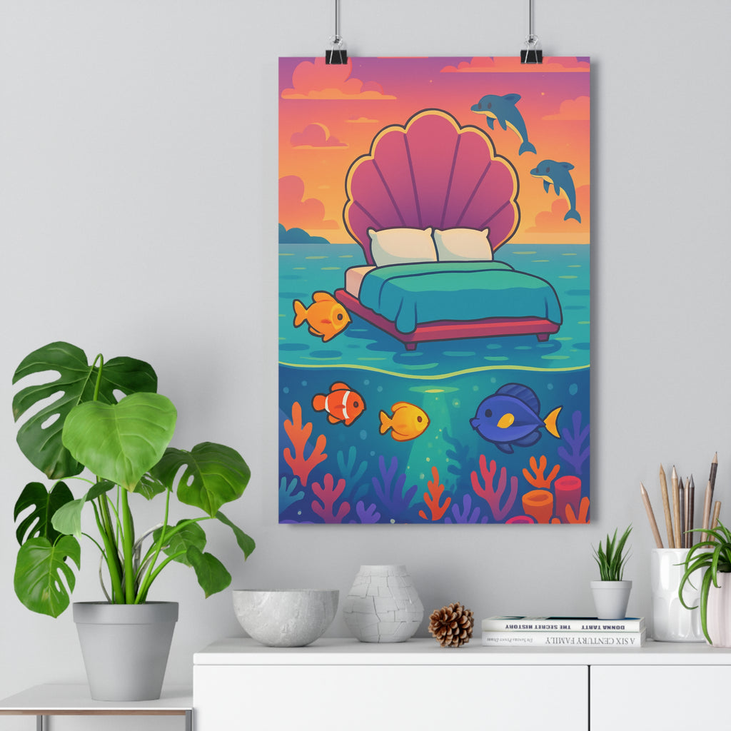 Poster décoratif dessin animé bleu violet orange chambre enfant serein apaisant 30x46 cm ambiance
