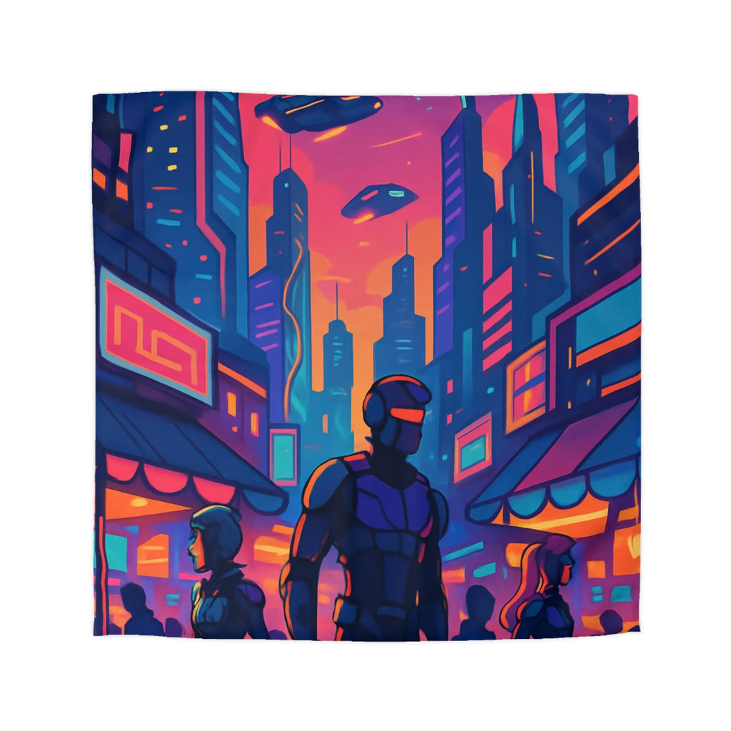 Housse de couette futuriste avec skyline néon et silhouettes urbaines nocturnes modernes