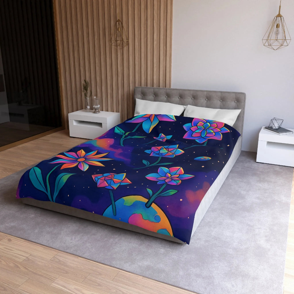 Housse de couette avec des fleurs géométriques aux couleurs cosmiques dans l'espace étoilé