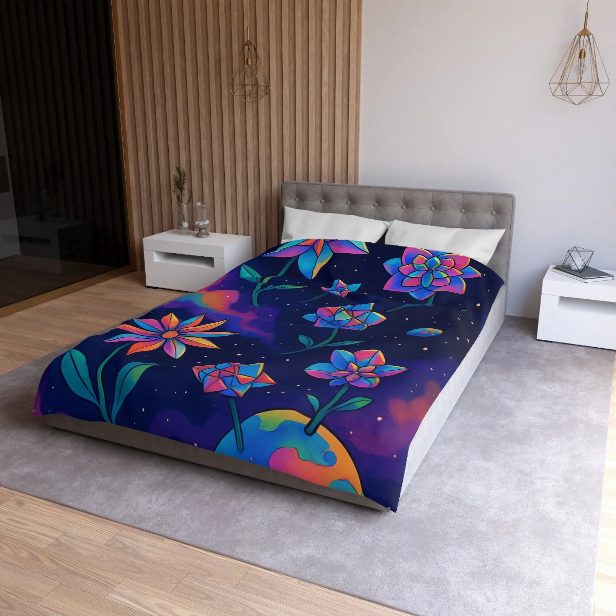 Housse de couette avec des fleurs géométriques aux couleurs cosmiques dans l'espace étoilé