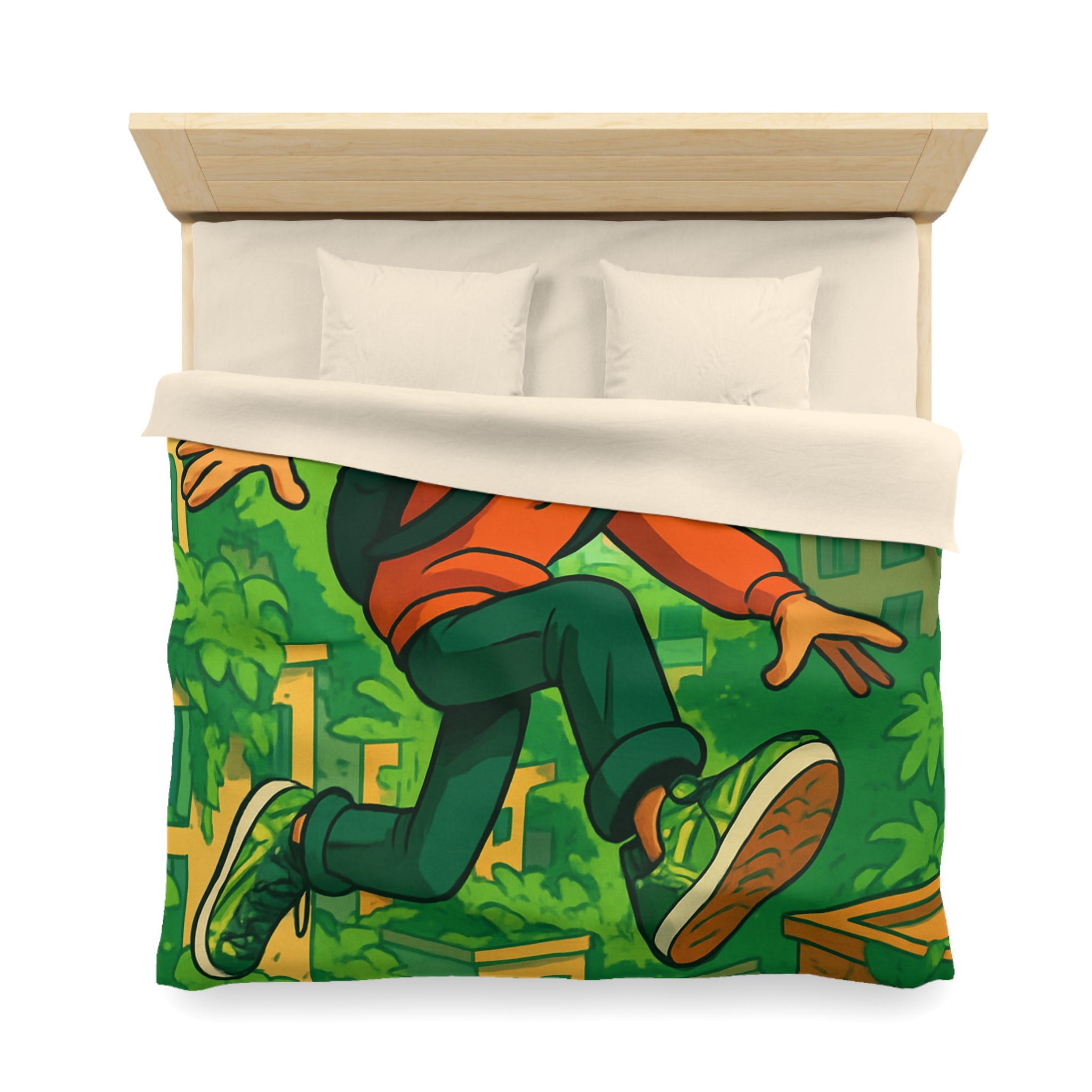 Housse de Couette Motif Urbain Vert avec Garçon Aventurier en Tenue Décontractée