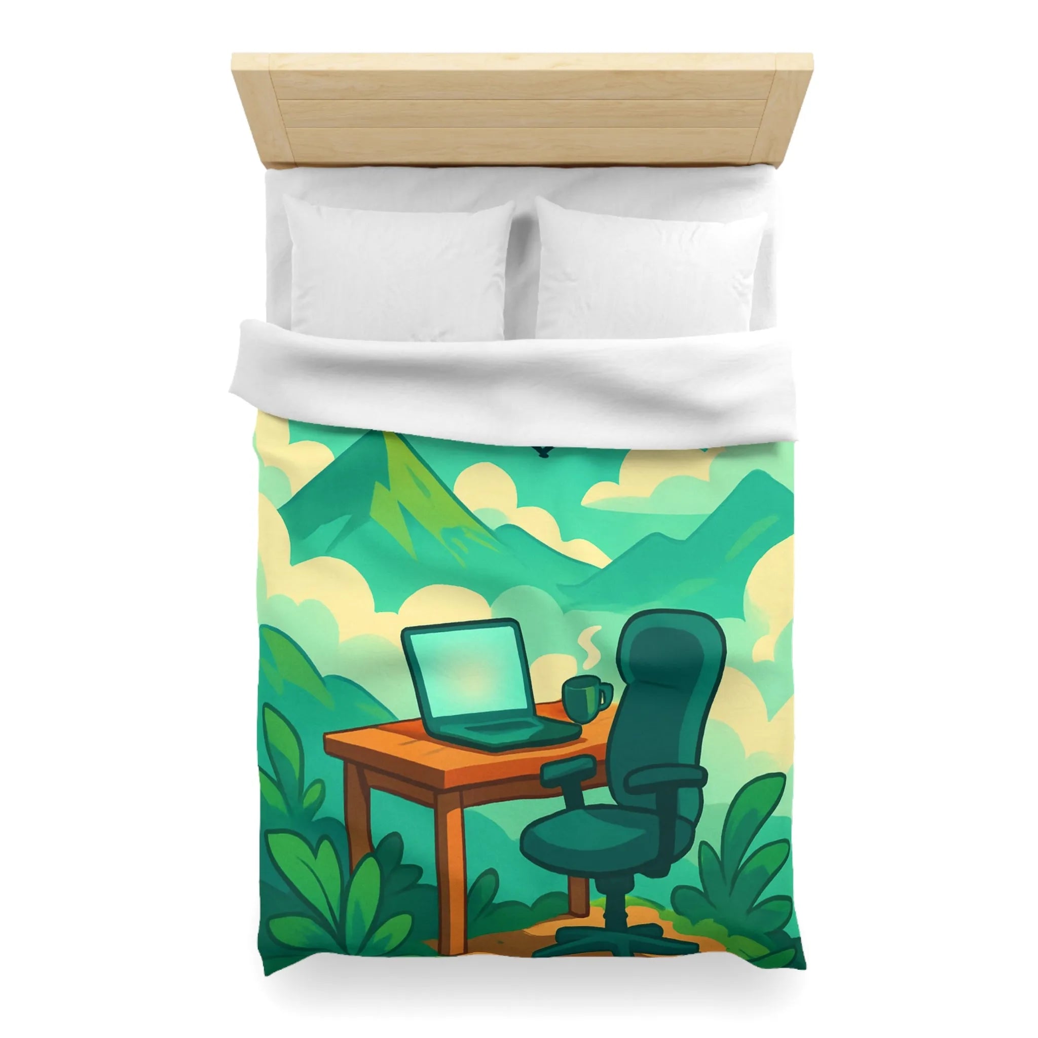 Housse de couette avec paysage de montagne, nature verdoyante, bureau et ciel serein