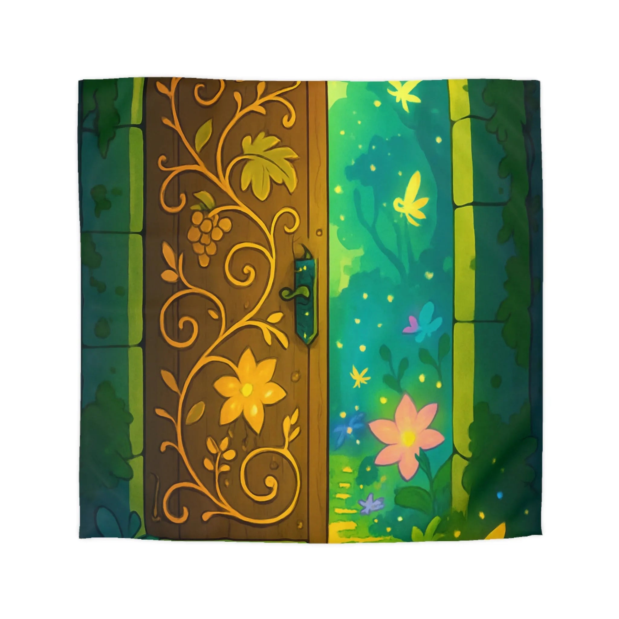 Housse de couette magique avec motif de porte mystique illuminée et papillons colorés