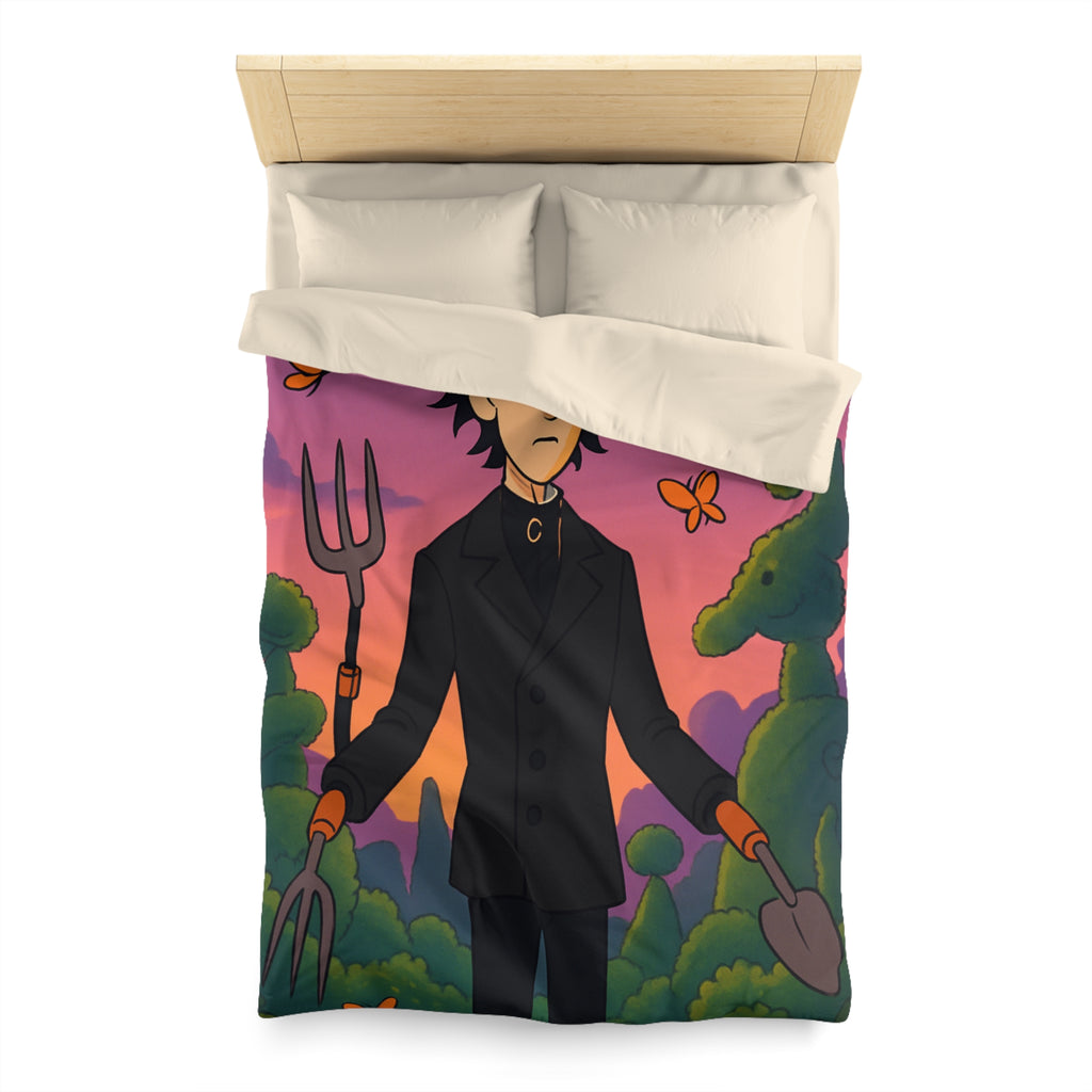 Housse de couette stylée avec personnage rêveur, jardin magique et papillons colorés