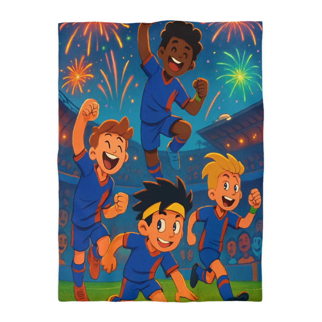 Enfants Jouant au Football avec Feux d'Artifice au Stade, Ambiance Joyeuse et Colorée
