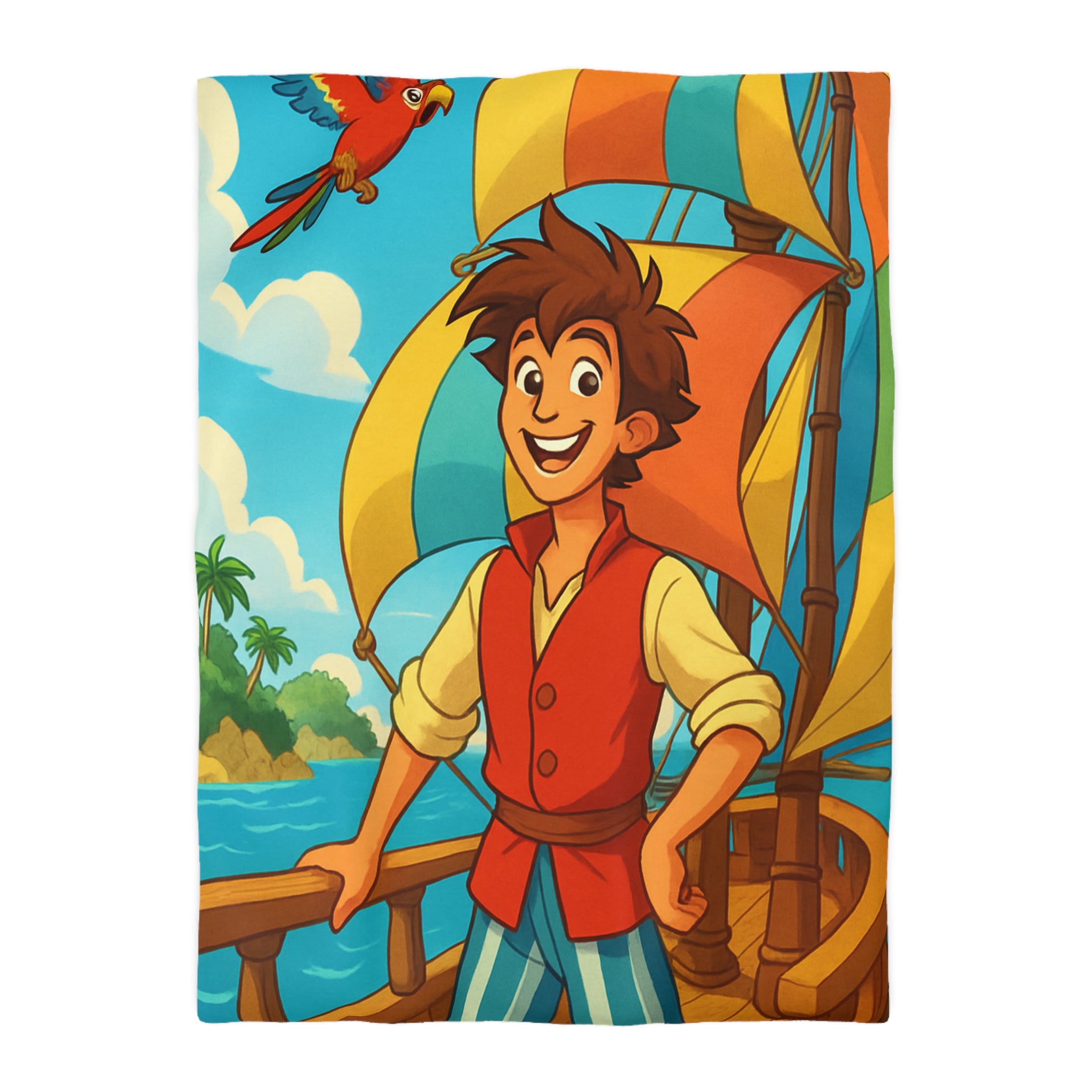 Housse de Couette Pirate Aventure Enfant avec Perroquet et Bateau Coloré Océan