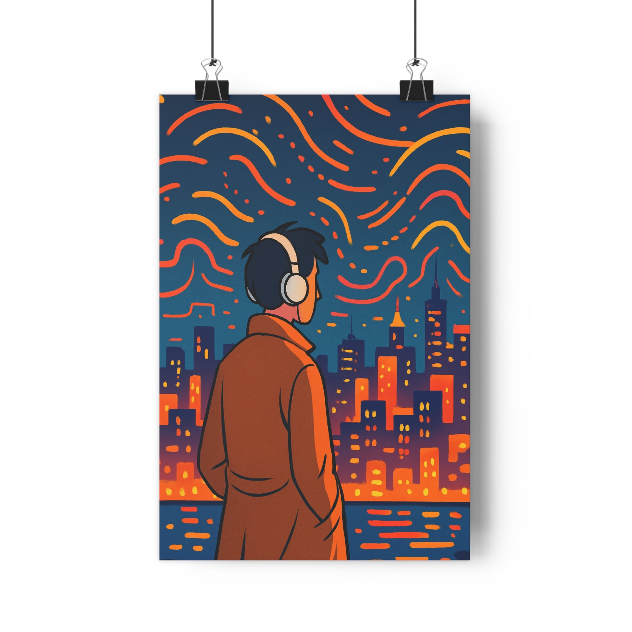 Poster décoratif moderne urbain rouge orange animé ville silhouette chambre salon contemporain design dynamique