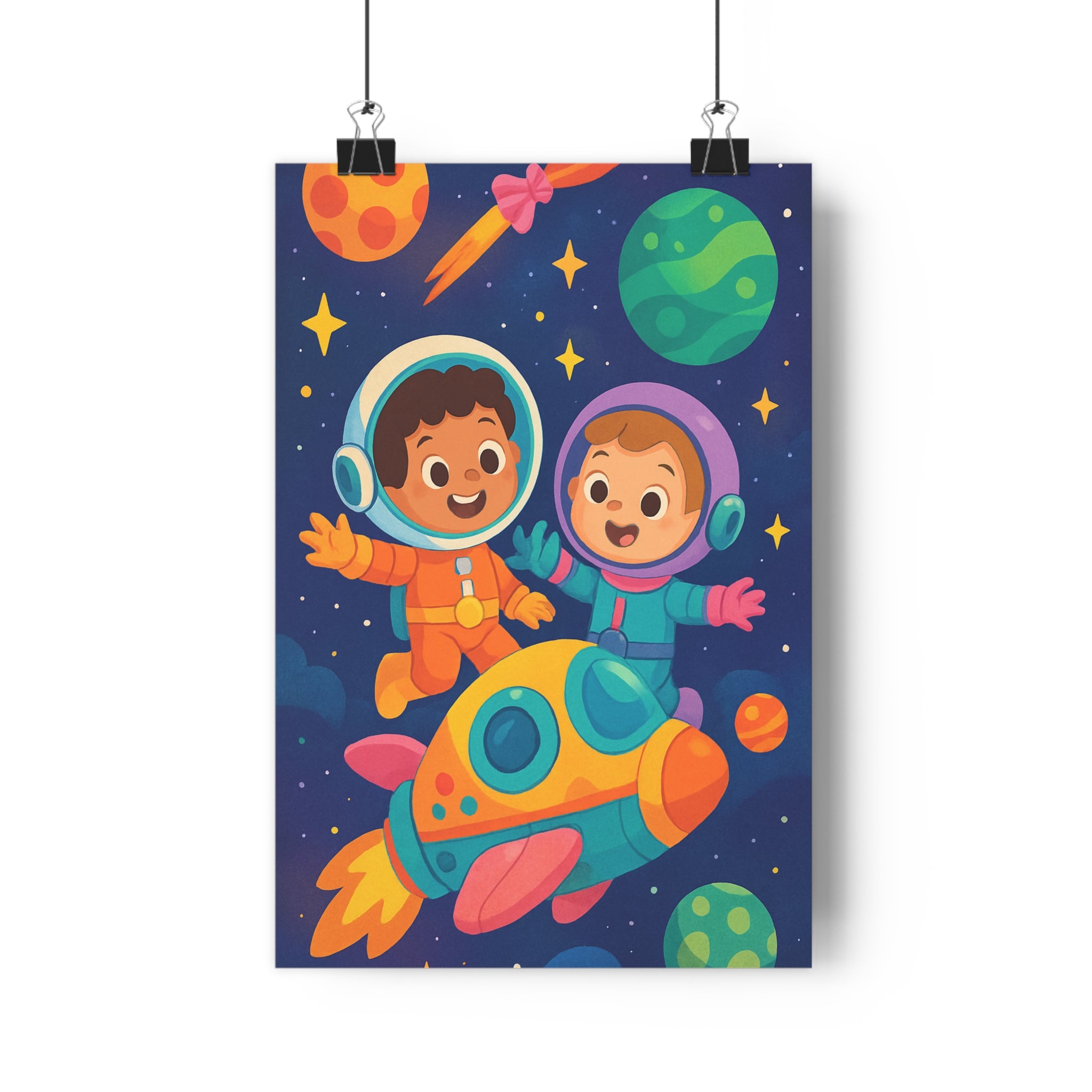 Poster décoratif enfants aventure spatial néon pastel chambre joyeux interstellaire cartoon planètes 30x46 cm