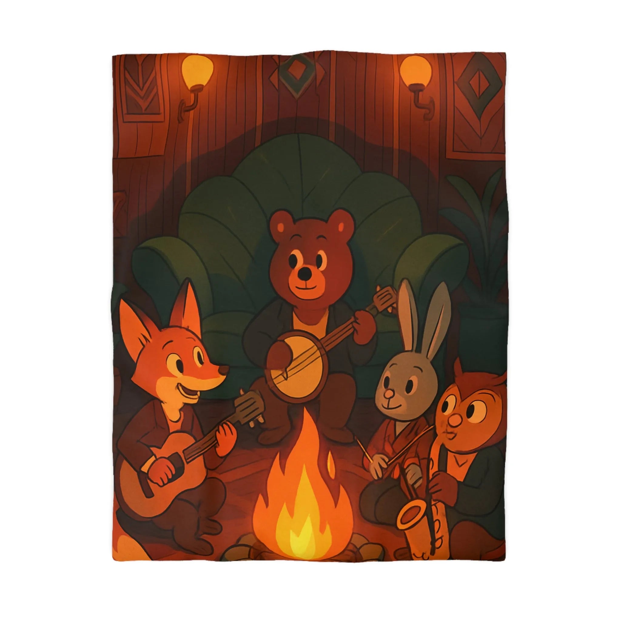 Housse de Couette Animaux Musiciens Autour Feu de Camp Ambiance Cosy pour Chambre Enfant