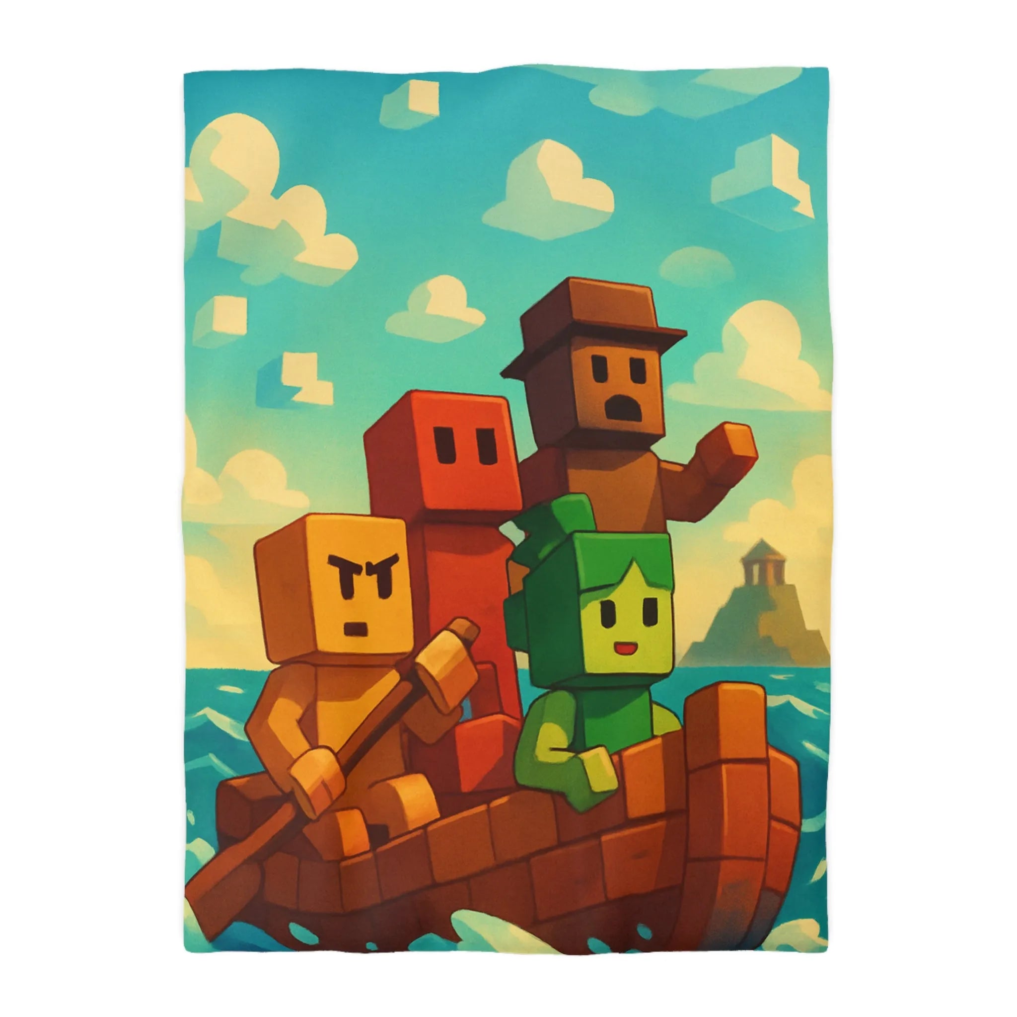 Housse de couette colorée avec personnages pixelisés sur un bateau en mer agité