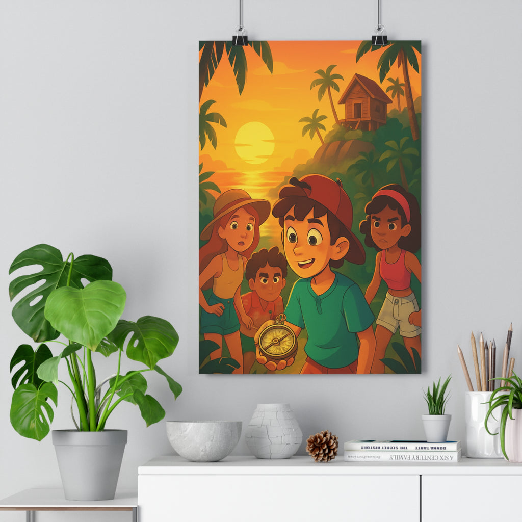 Poster décoratif aventure enfants tropical coucher soleil dessin animé joyeux chambre moderne coloré qualité