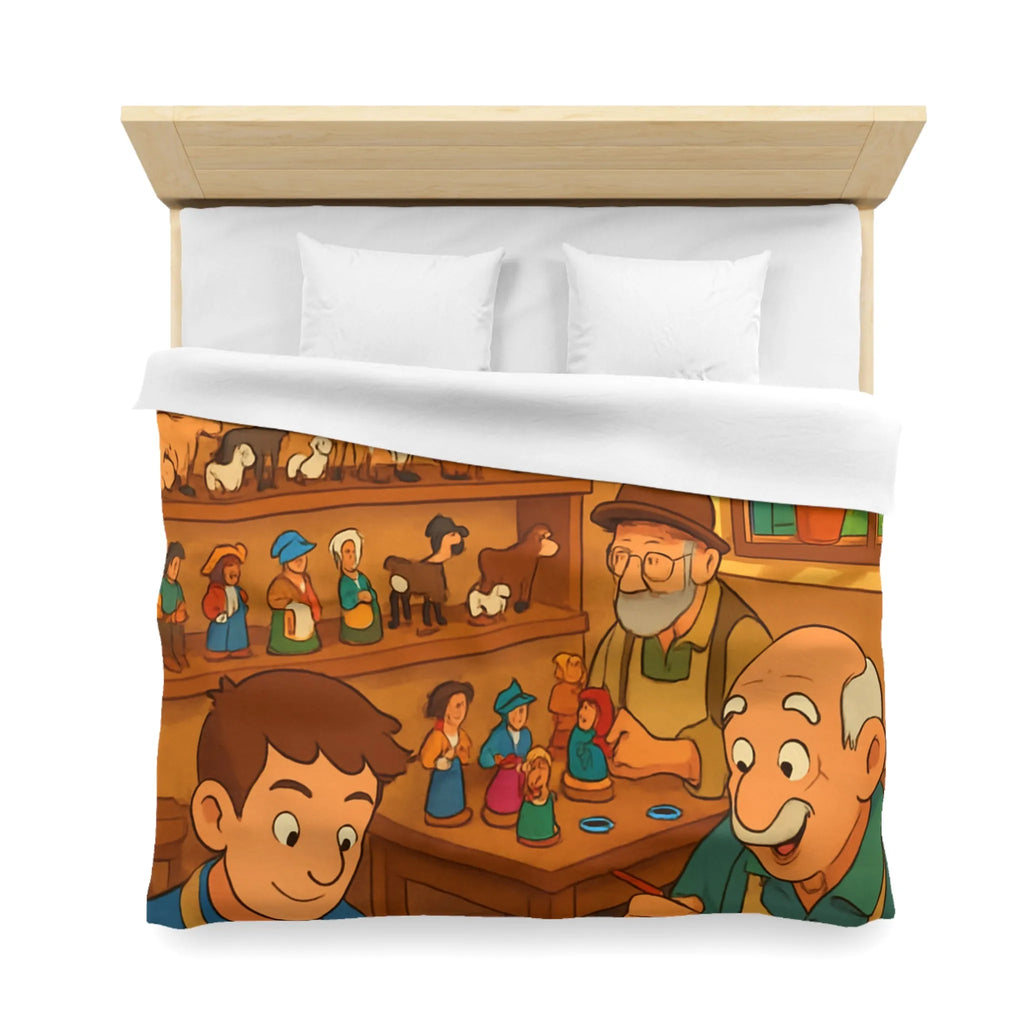 Housse de couette chaleureuse avec scène artisanale, figurines en bois colorées et personnages souriants