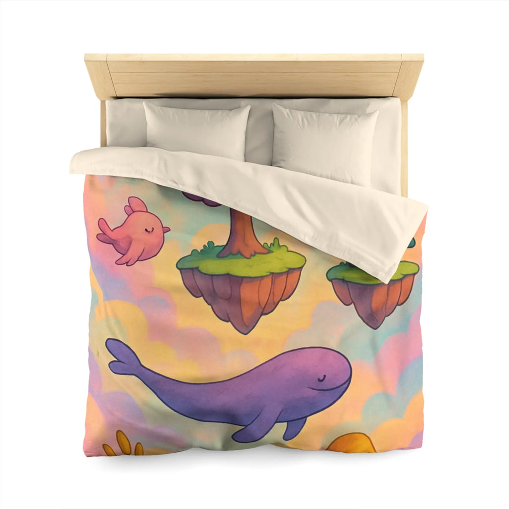 Housse de couette avec îles flottantes et créatures rêveuses dans un ciel magique