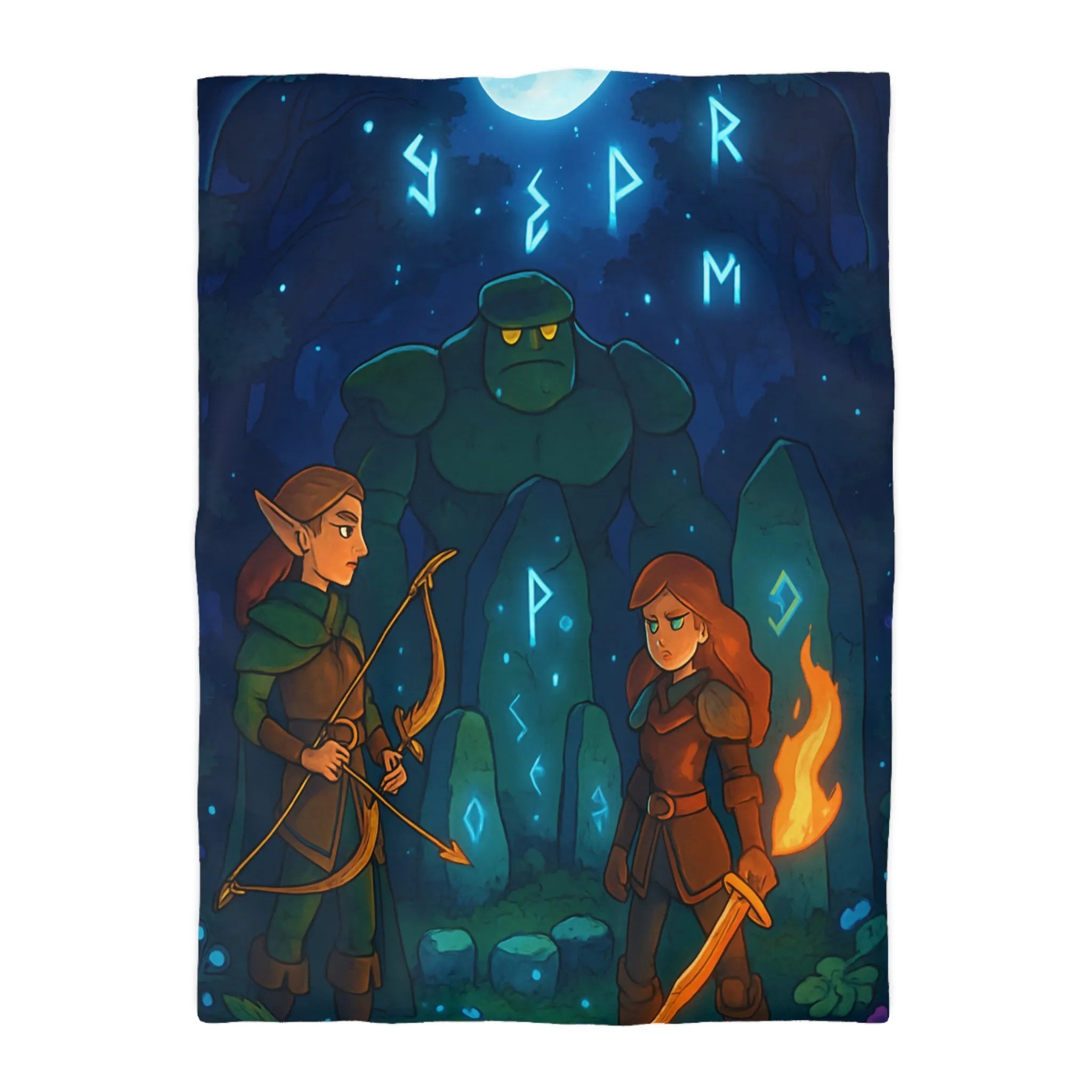Housse de couette avec illustration de forêt mystique illuminée par runes magiques et lune