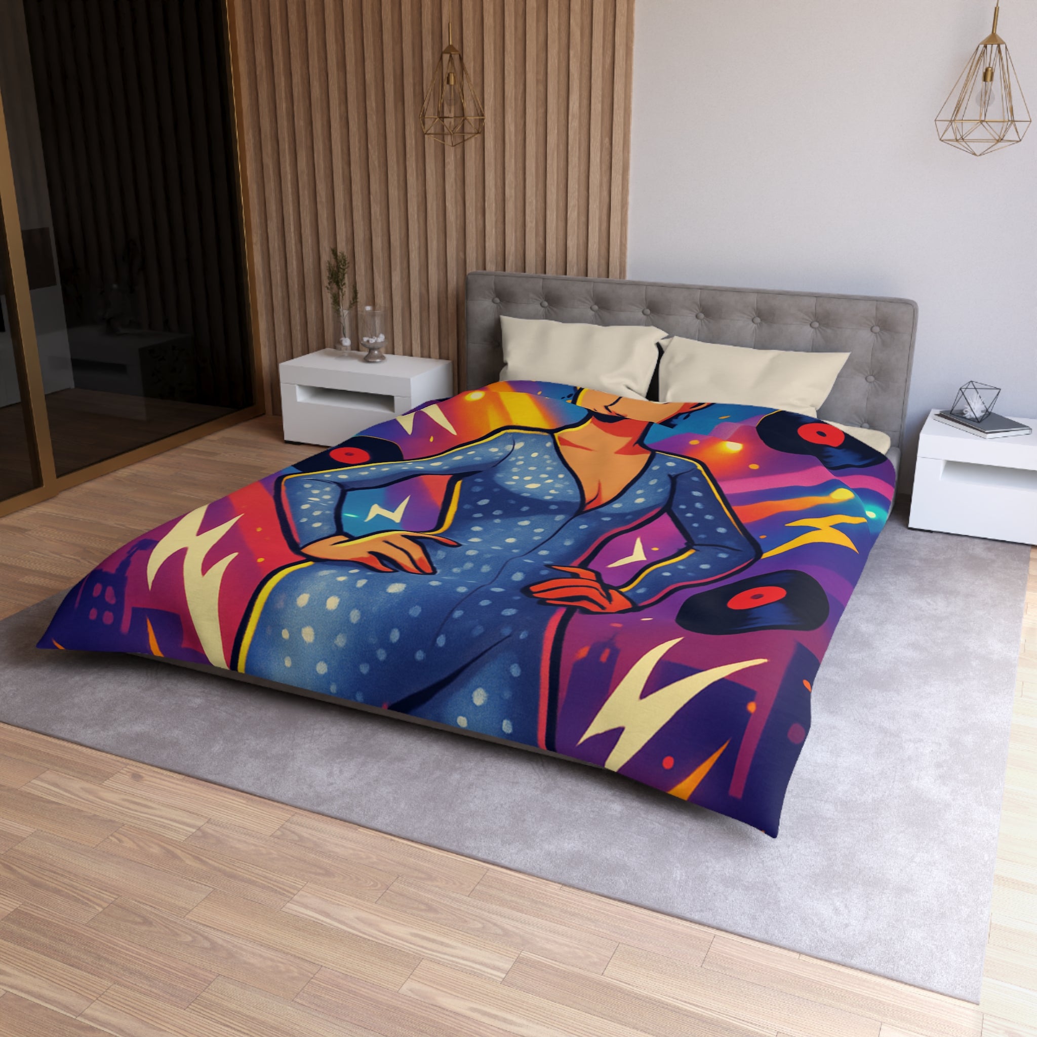 Housse de Couette Thématique Musique Vintage avec Femme dans Combinaison Étoilée Scintillante