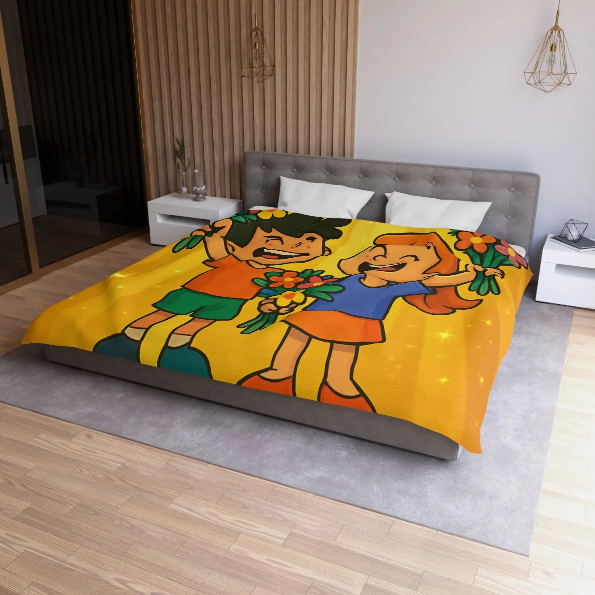 Dessin mignon d'enfants célébrant avec des bouquets de fleurs illuminés de rayons dorés