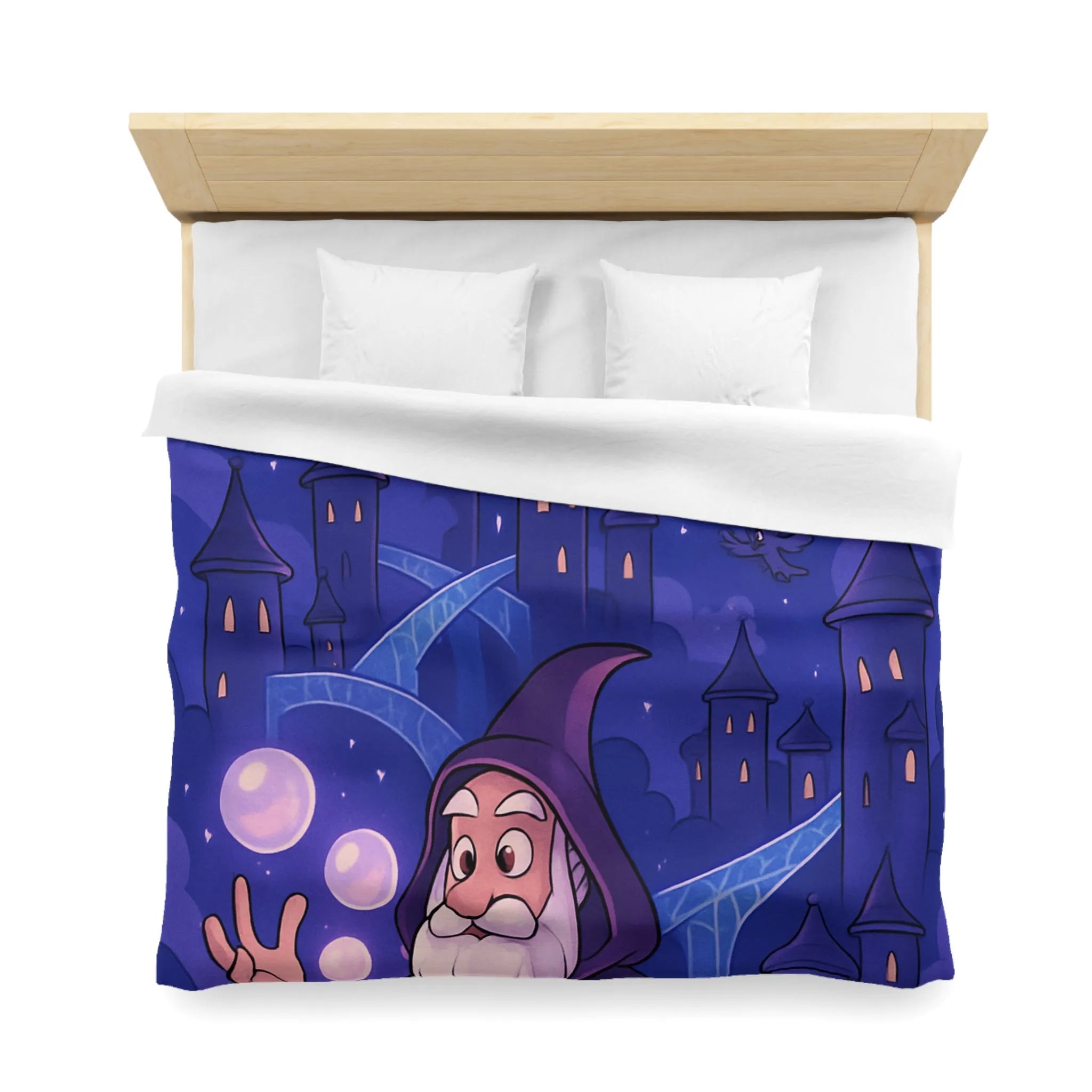 Housse de couette magique avec dragon violet, hiboux et sorcier devant château