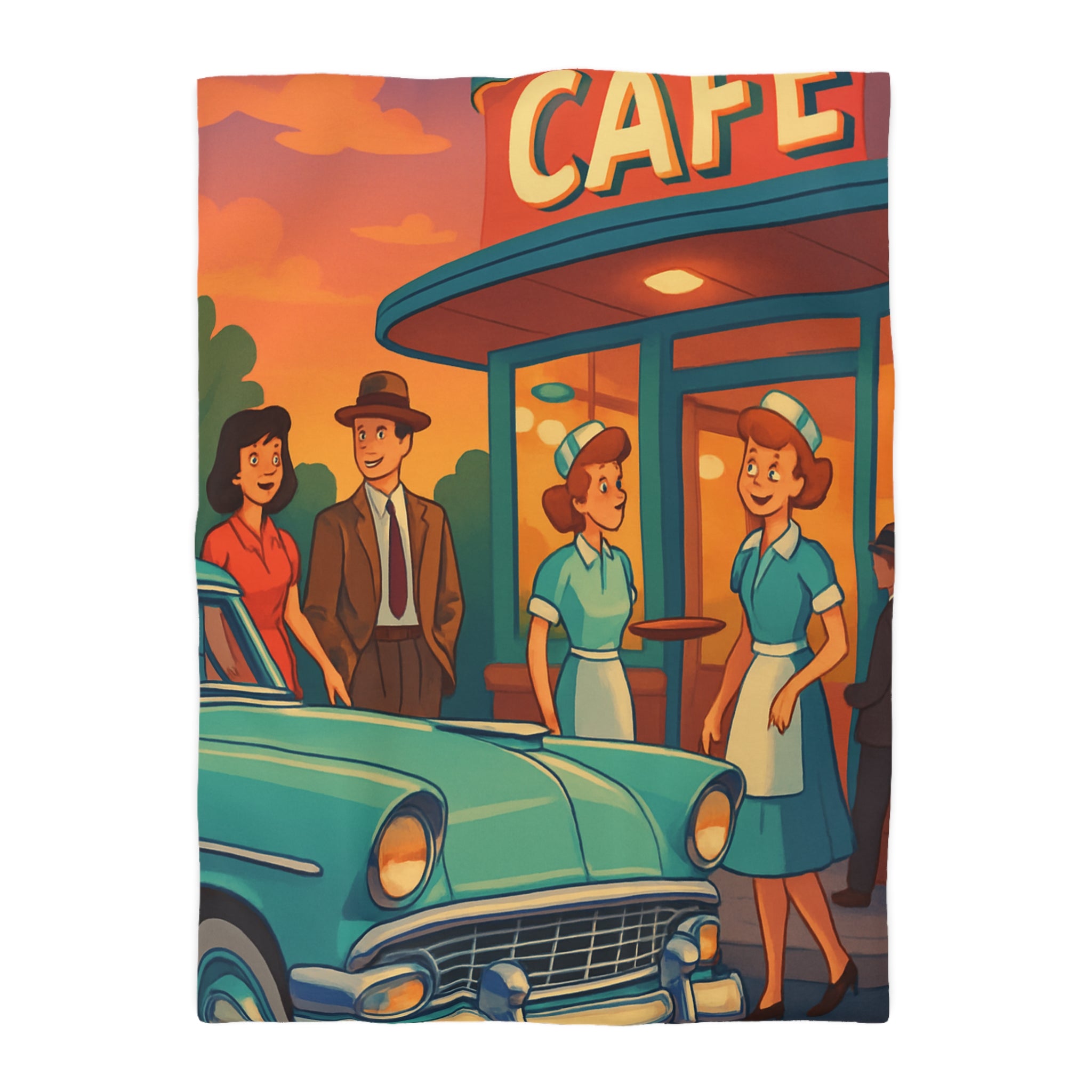 Housse de couette rétro avec illustration de café américain et voiture vintage