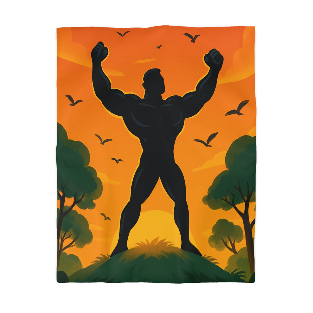 Housse de couette silhouette héros sur colline, coucher de soleil et oiseaux volants