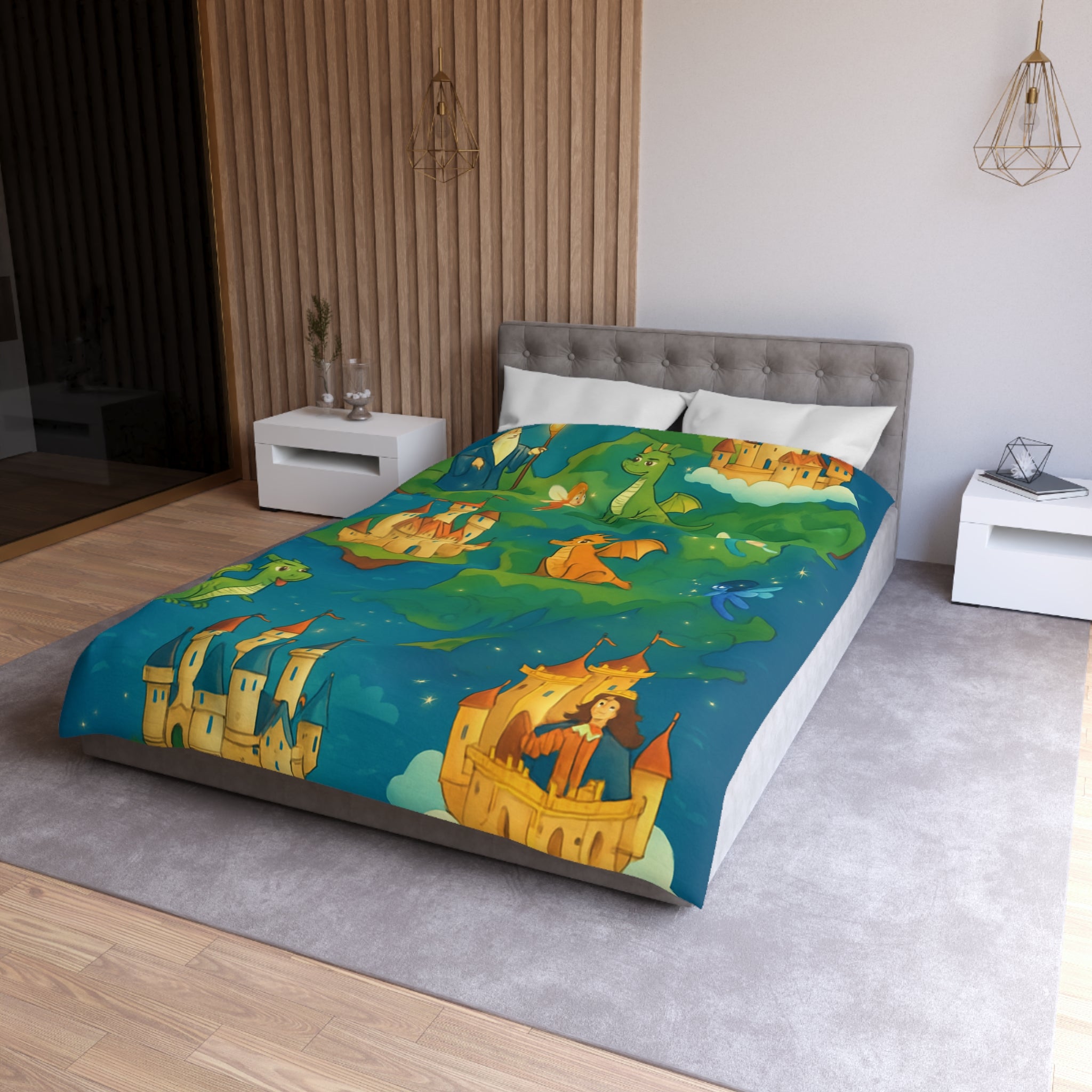 Housse de couette thématique féerique avec dragons, châteaux et un sorcier rêveur
