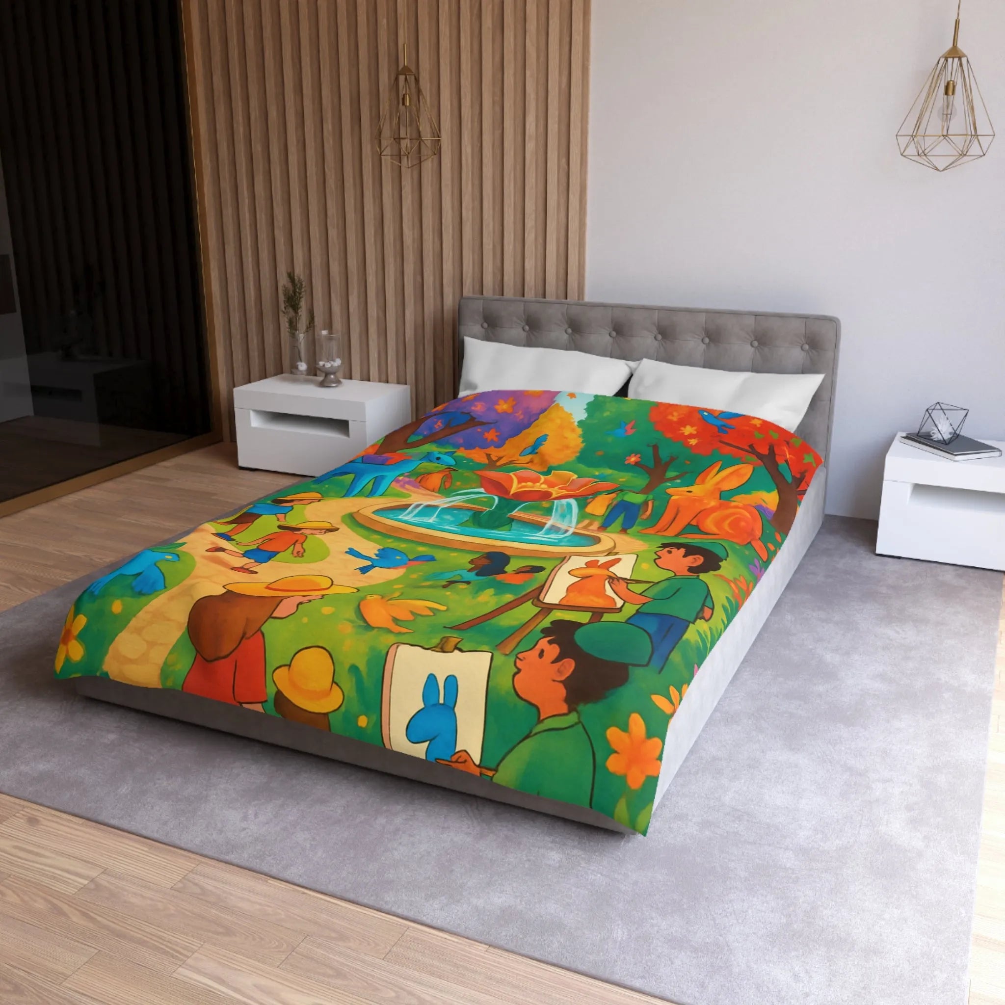 Housse de couette colorée avec animaux fantastiques, enfants et fontaine au parc artistique