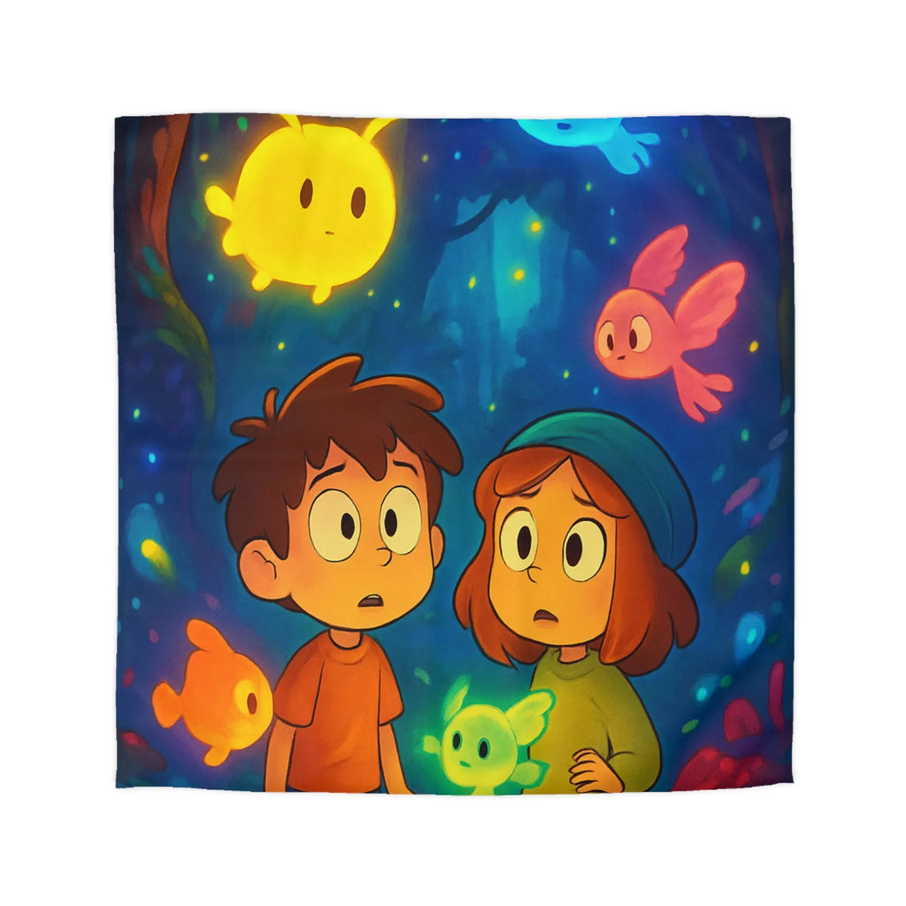 Housse de Couette Enfant Fantaisie avec Créatures Lumineuses dans Forêt Mystérieuse et Enchantée