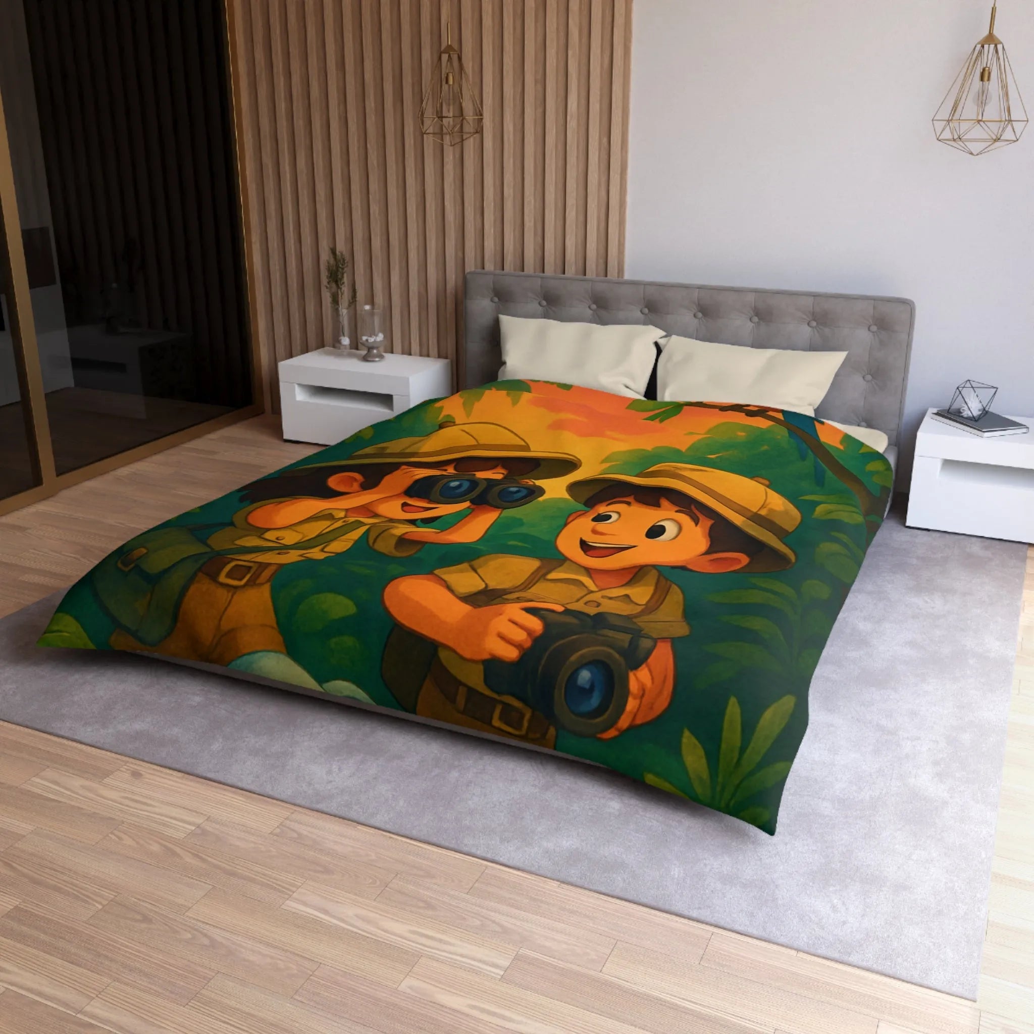 Housse de couette jungle colorée avec enfants explorateurs, perroquet et éléphant mignon