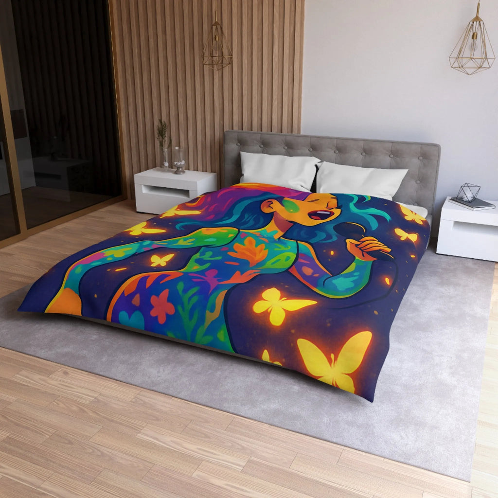 Housse de Couette Colorée : Artiste Chantant Entourée de Papillons Lumineux et Vibrants