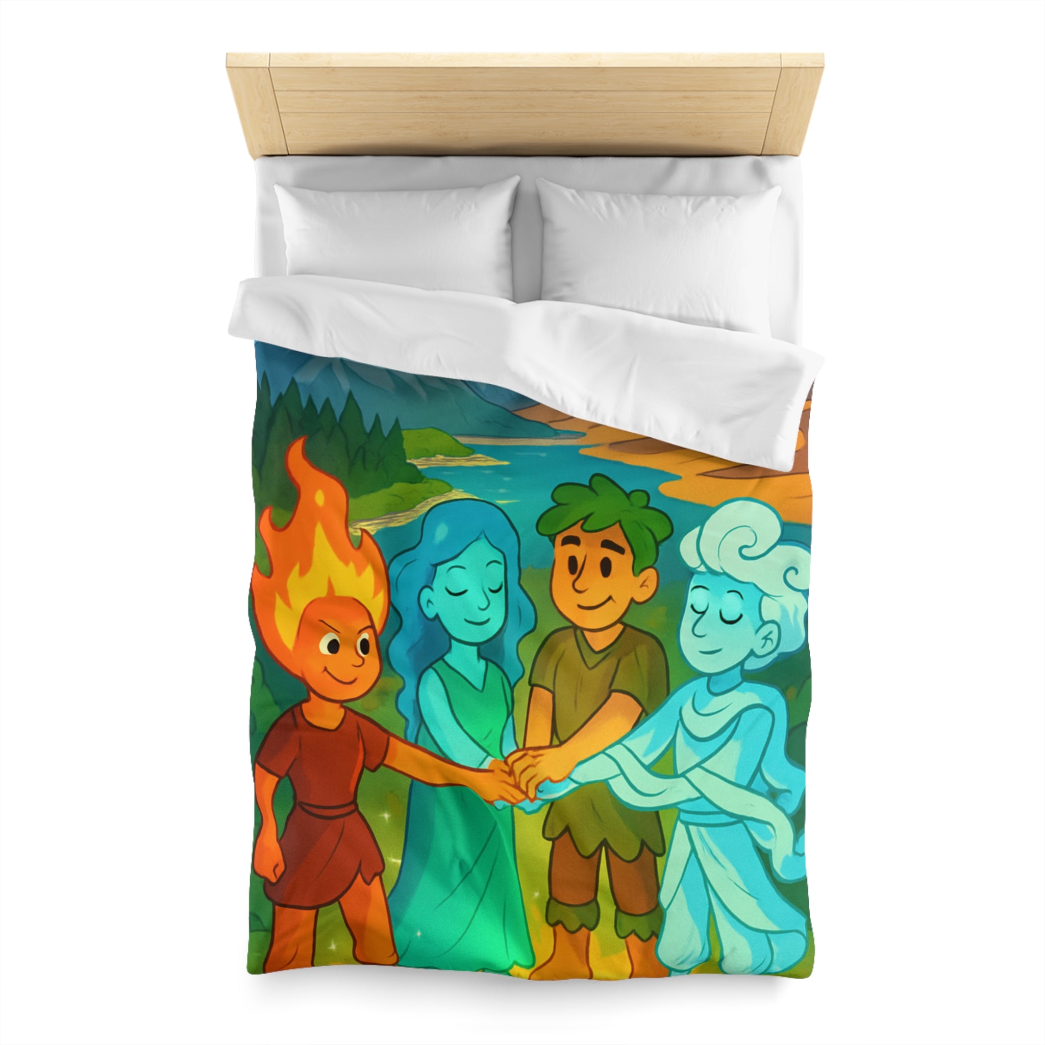 Housse de Couette Nature Enchantée avec Éléments Terre, Feu, Air et Eau Unifiés