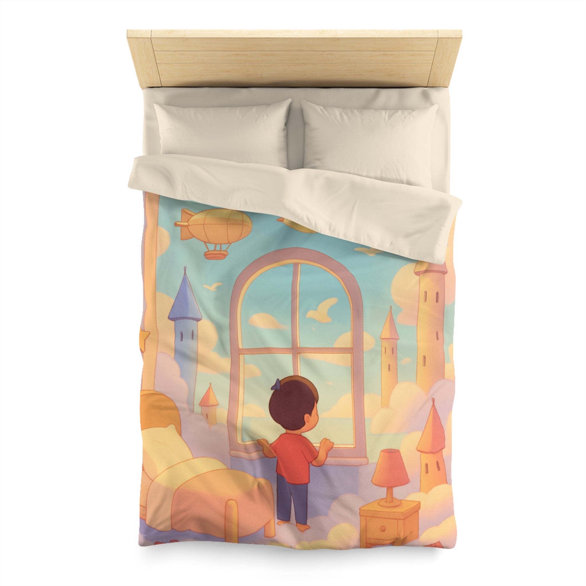 Housse de couette rêveuse enfantine avec nuages, dirigeables et oiseaux volants paisibles