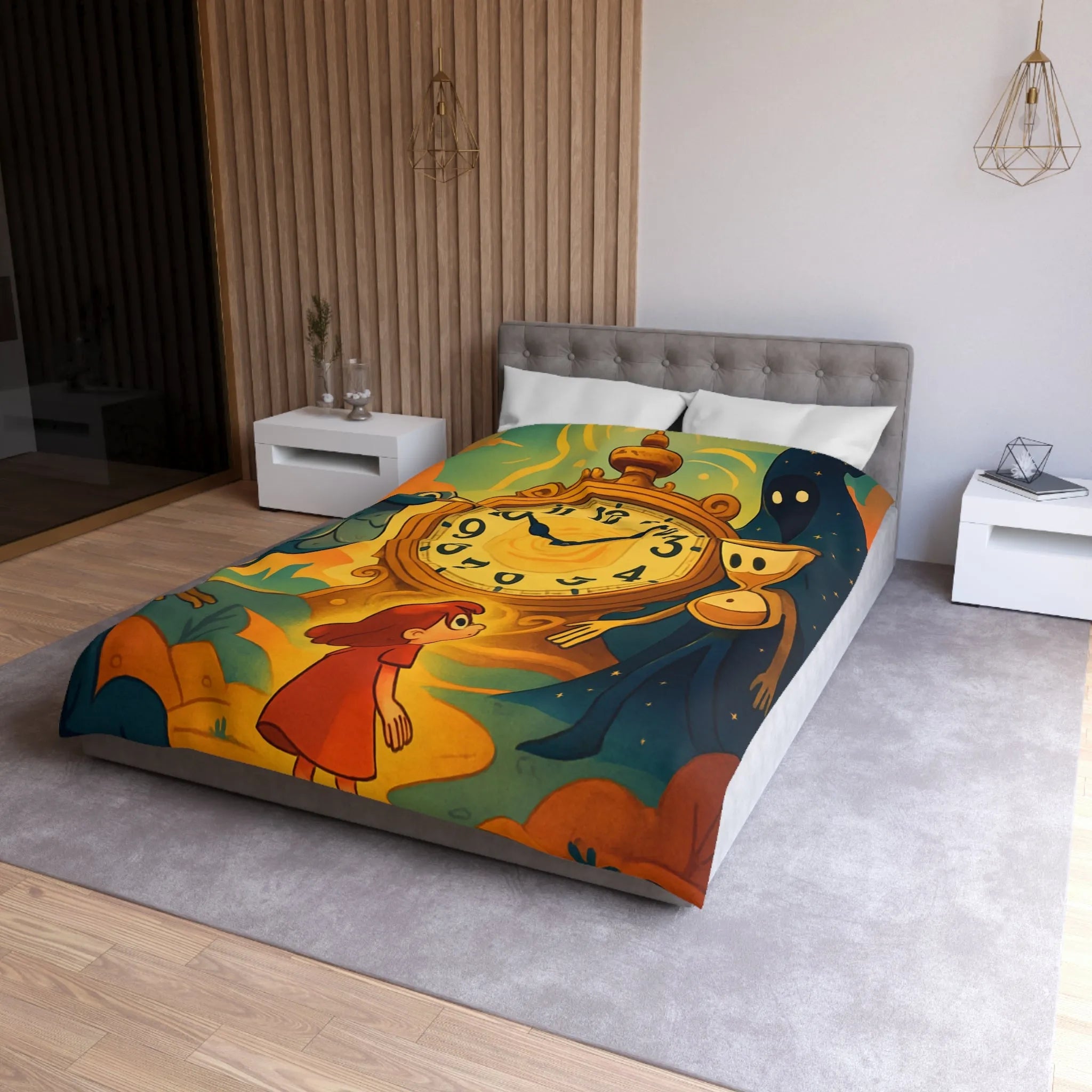 Housse de couette fantastique avec horloge magique et personnages mystérieux en illustration onirique