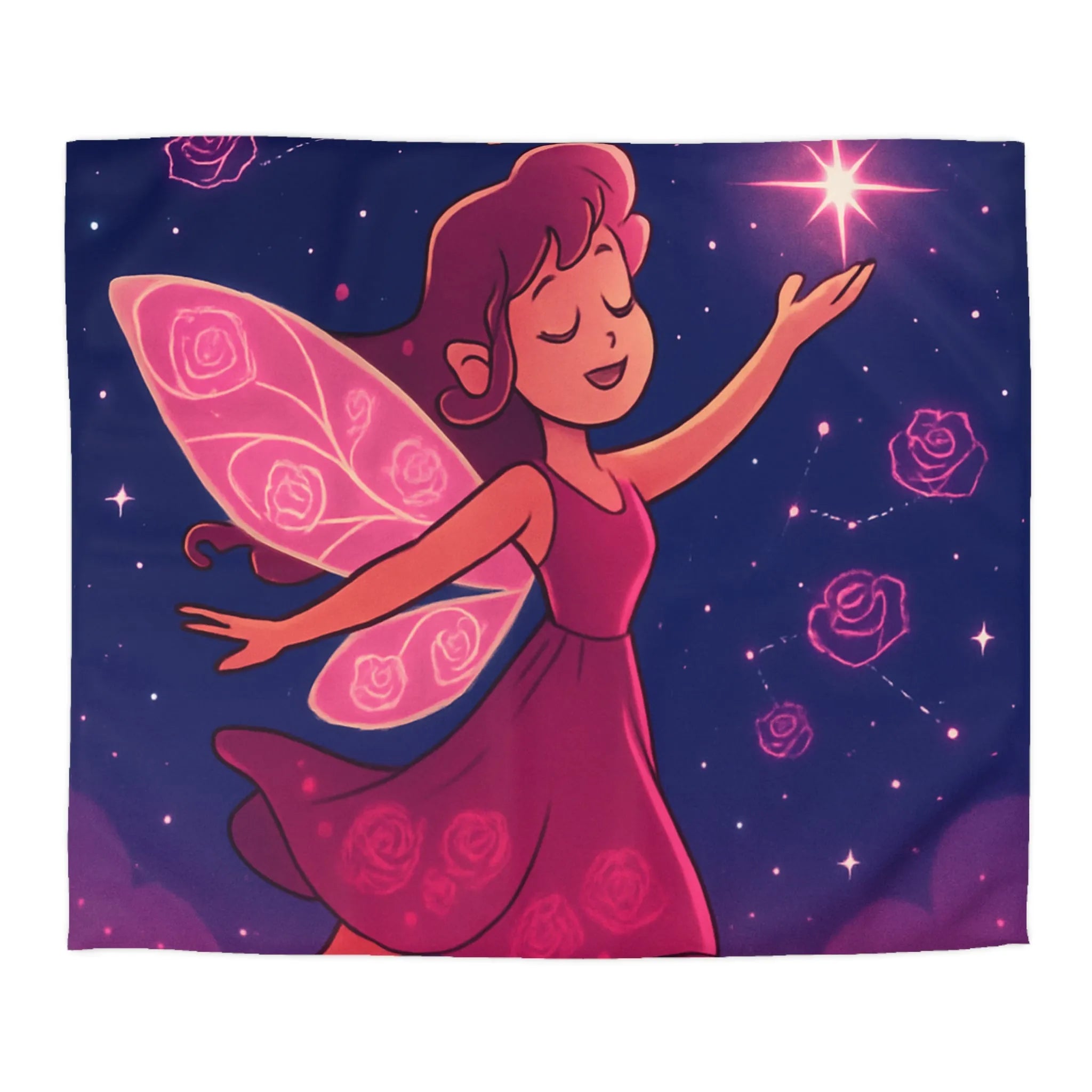 Enchanting Fairy with Wings and Glowing Roses under a Starry Night Sky