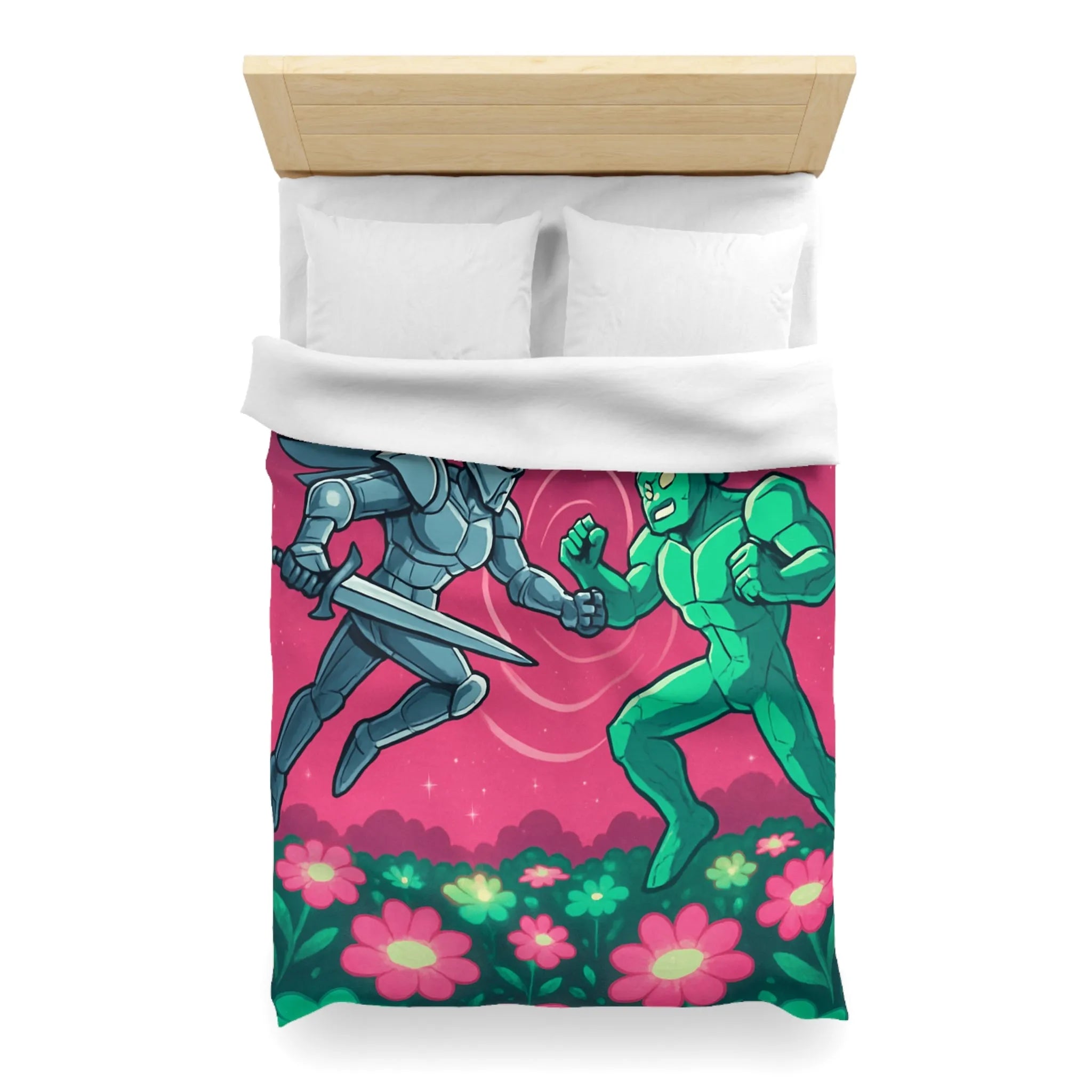 Housse de couette illustrée super-héros ailé avec scène de combat cosmique floral coloré