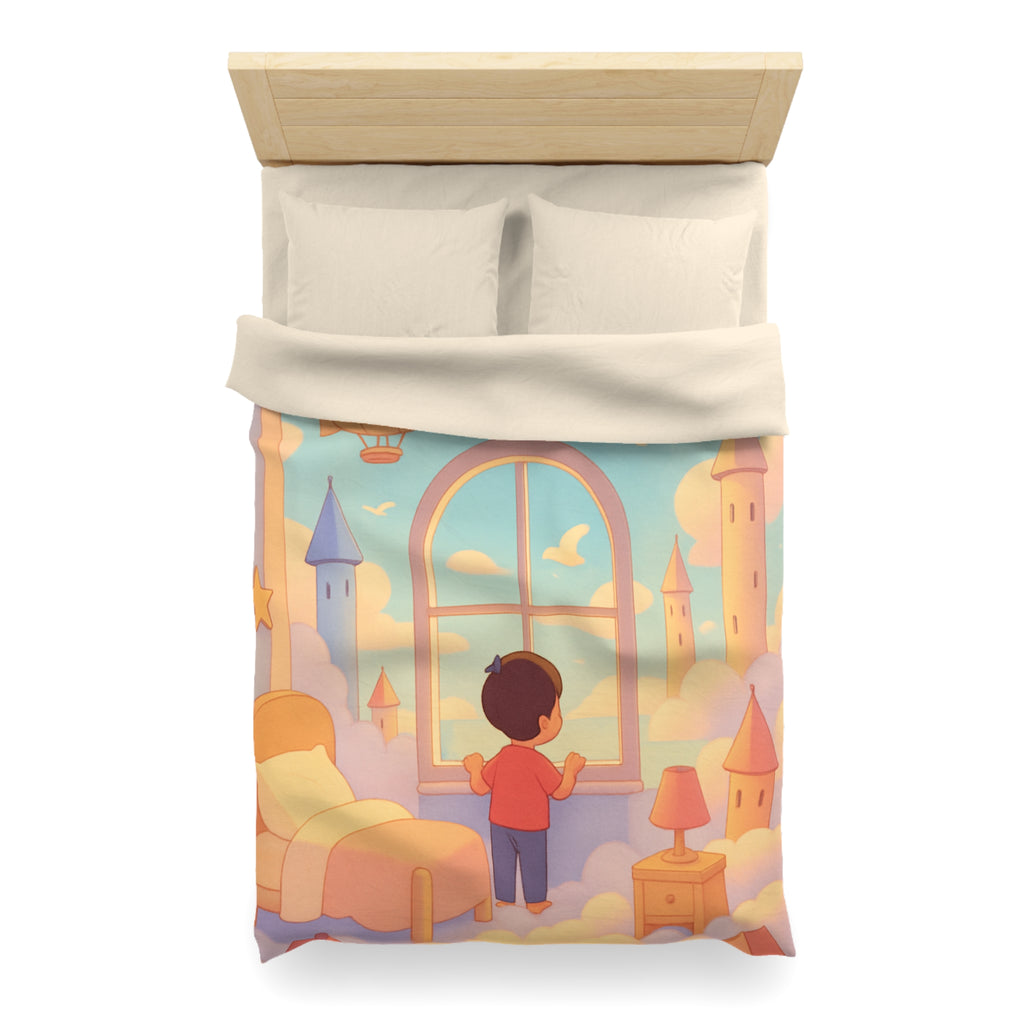 Housse de couette rêveuse enfantine avec nuages, dirigeables et oiseaux volants paisibles