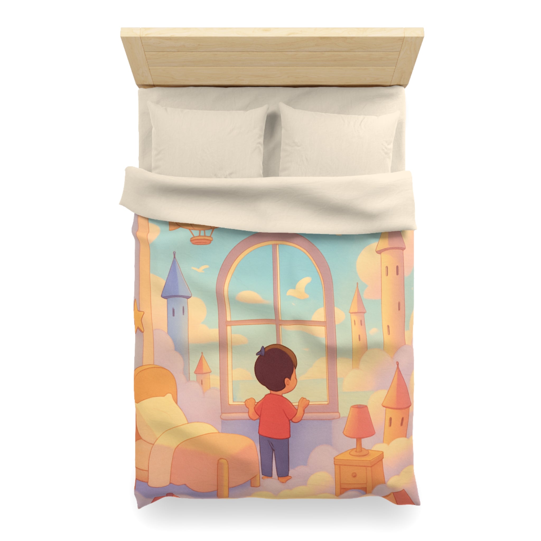 Housse de couette rêveuse enfantine avec nuages, dirigeables et oiseaux volants paisibles