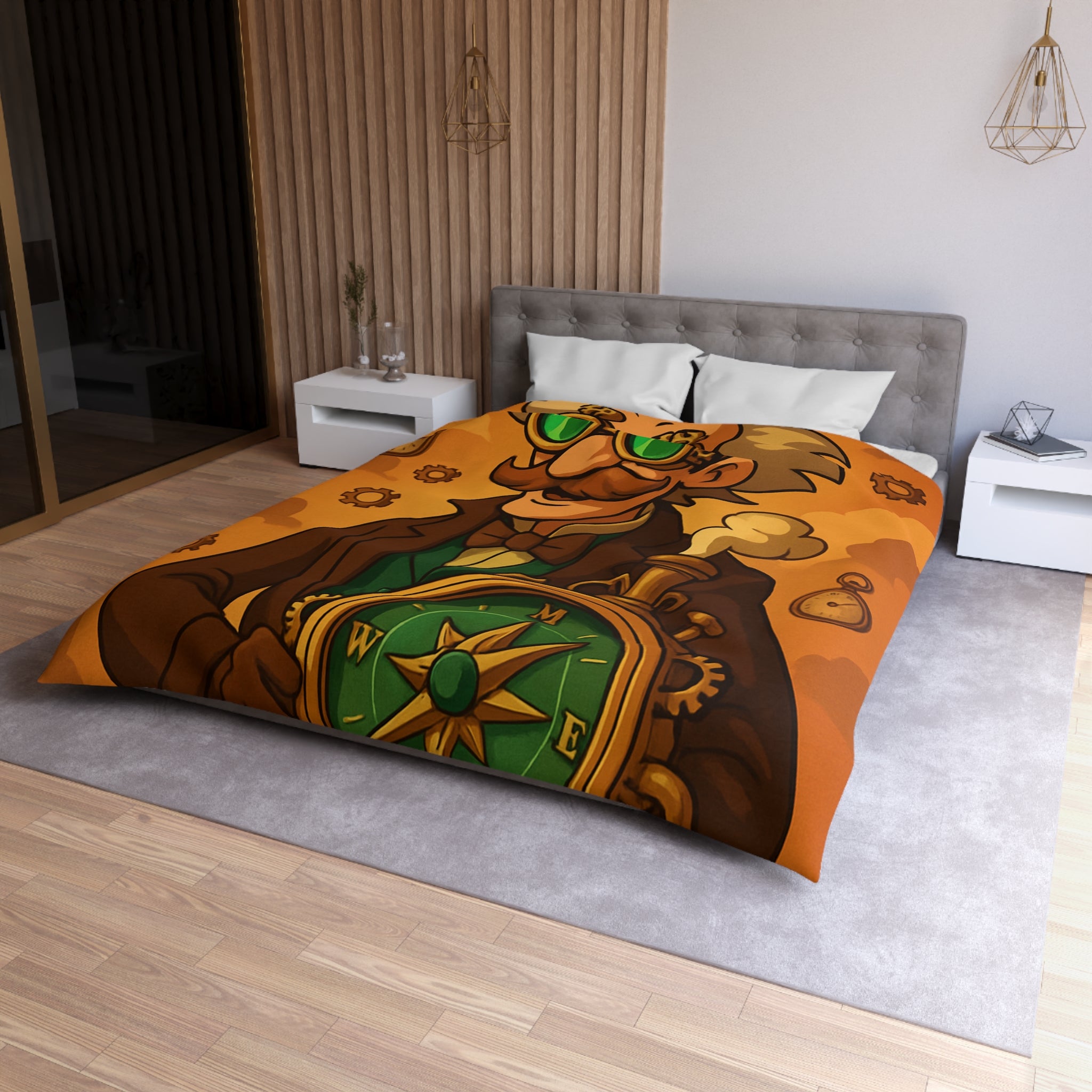 Housse de Couette Steampunk Vintage avec Boussole, Savant et Montgolfières sur Fond Sépia